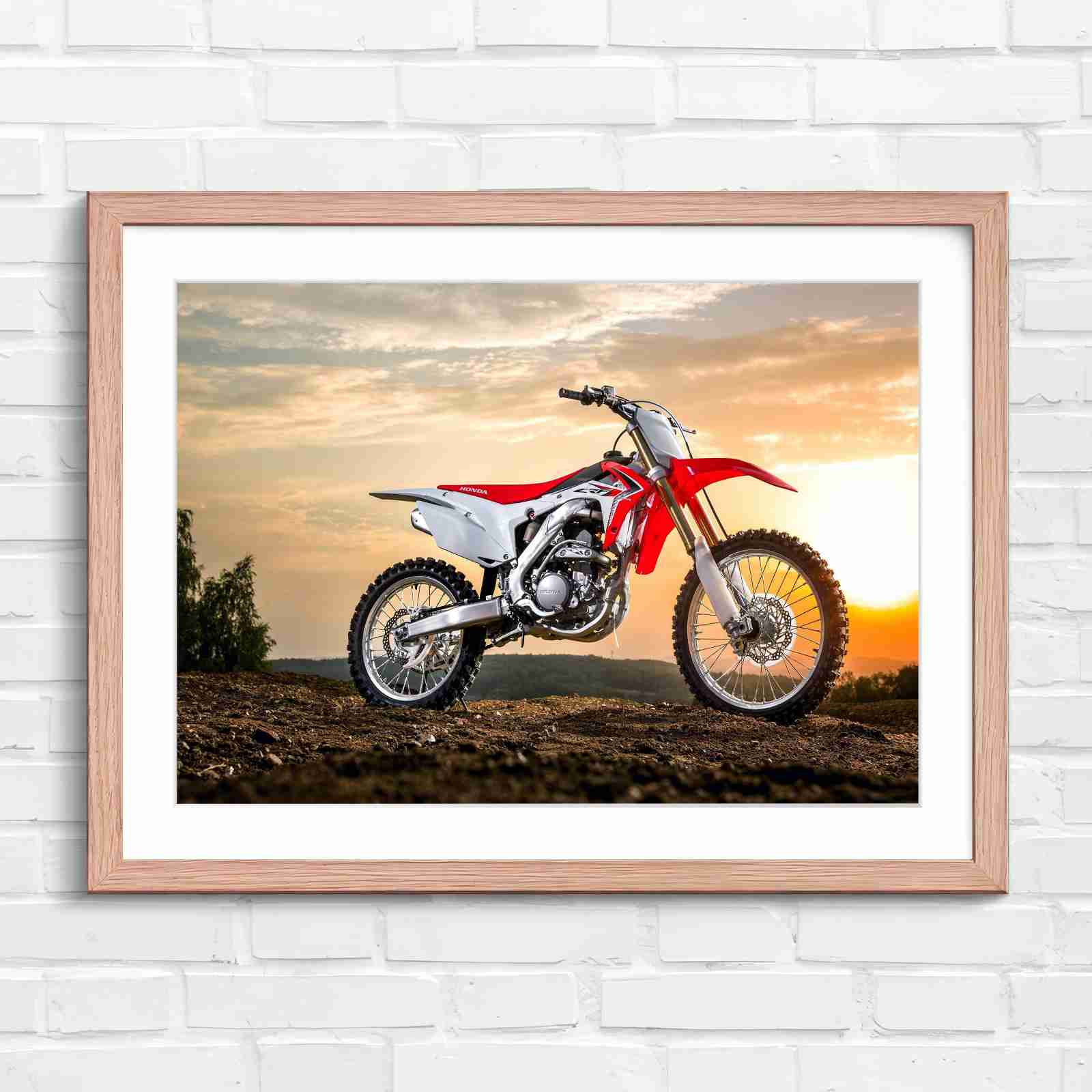 Red Dirt Bike Sunset Action - Original in Oak Frame
