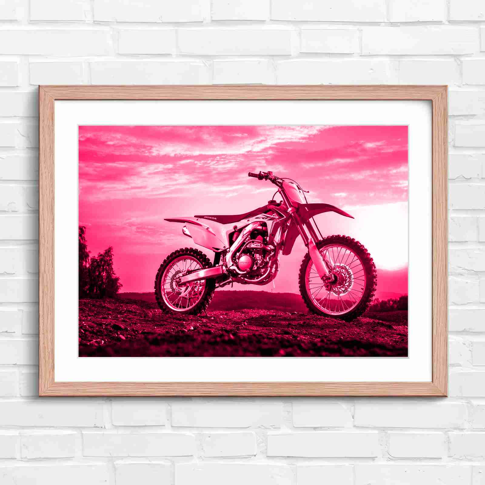 Red Dirt Bike Sunset Action - Pink in Oak Frame