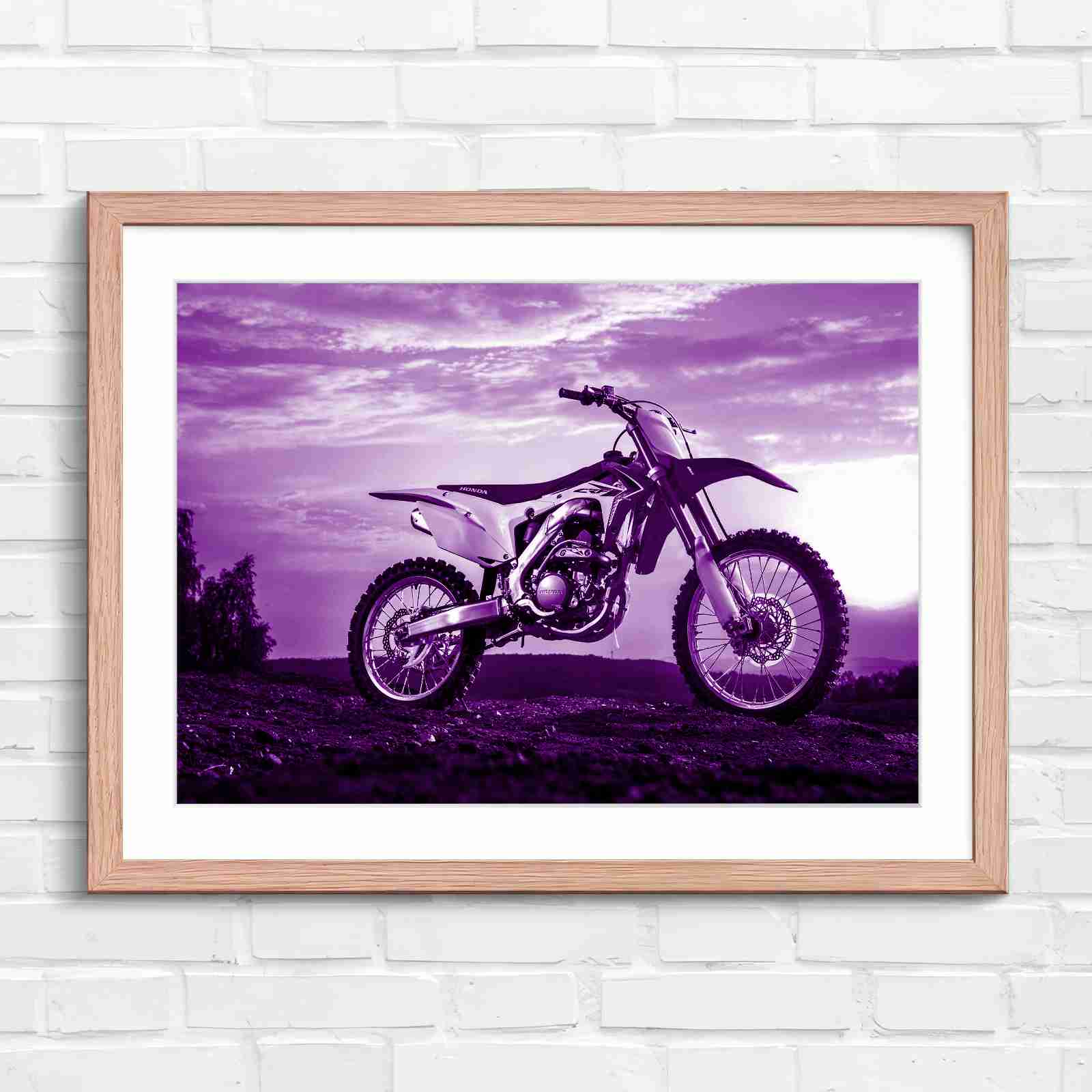 Red Dirt Bike Sunset Action - Purple in Oak Frame