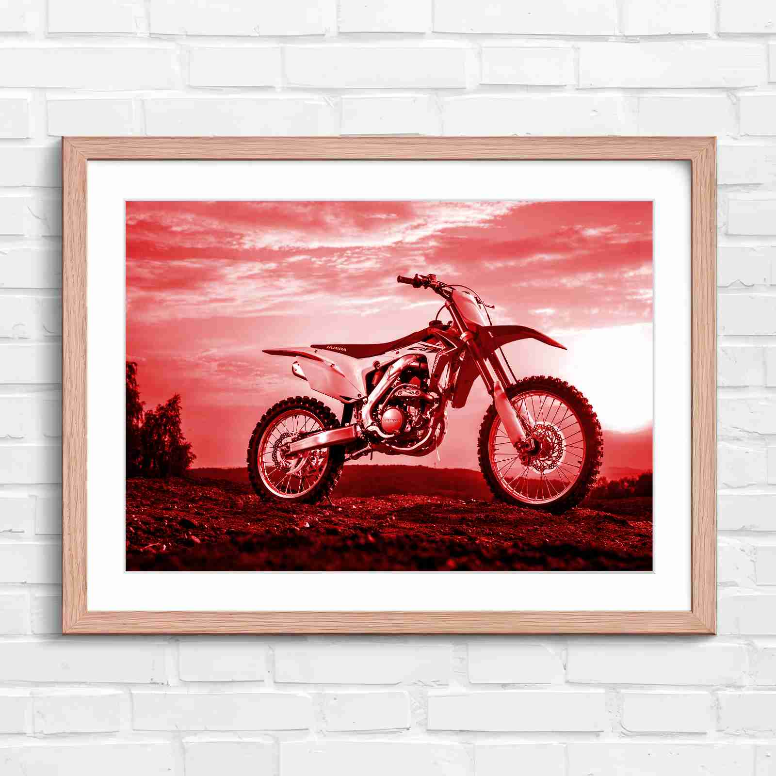 Red Dirt Bike Sunset Action - Red in Oak Frame