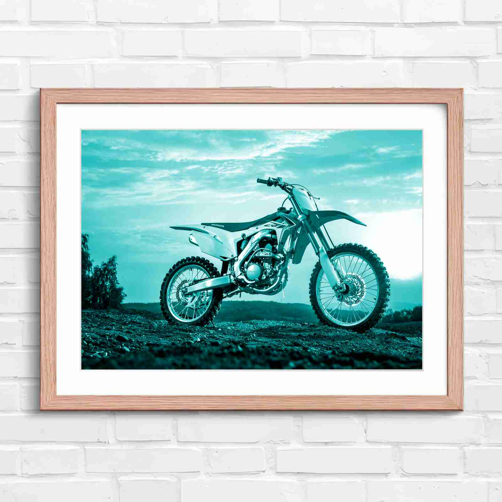Red Dirt Bike Sunset Action - Teal in Oak Frame