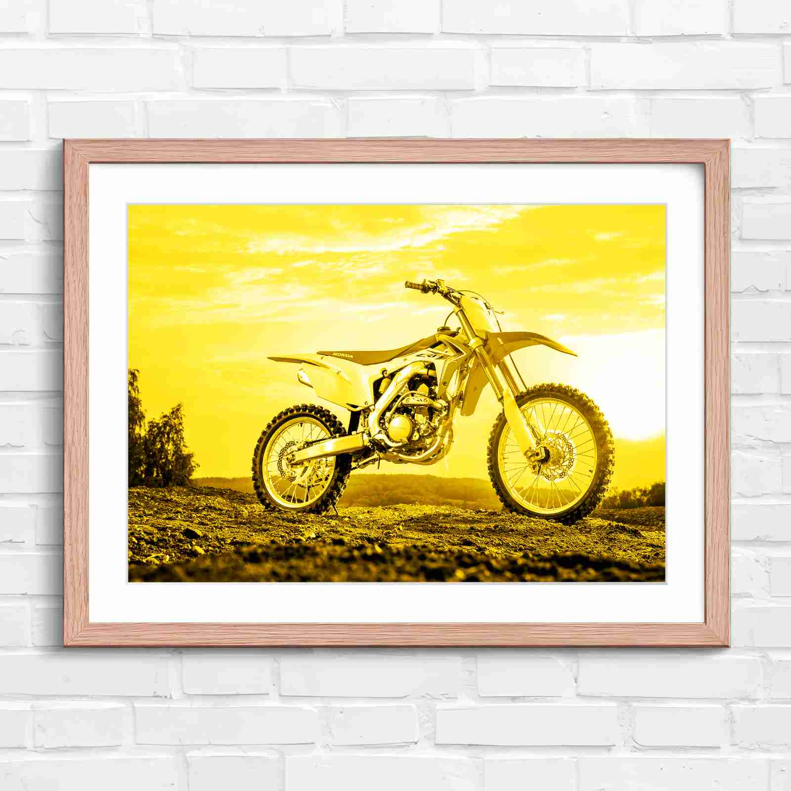 Red Dirt Bike Sunset Action - Yellow in Oak Frame