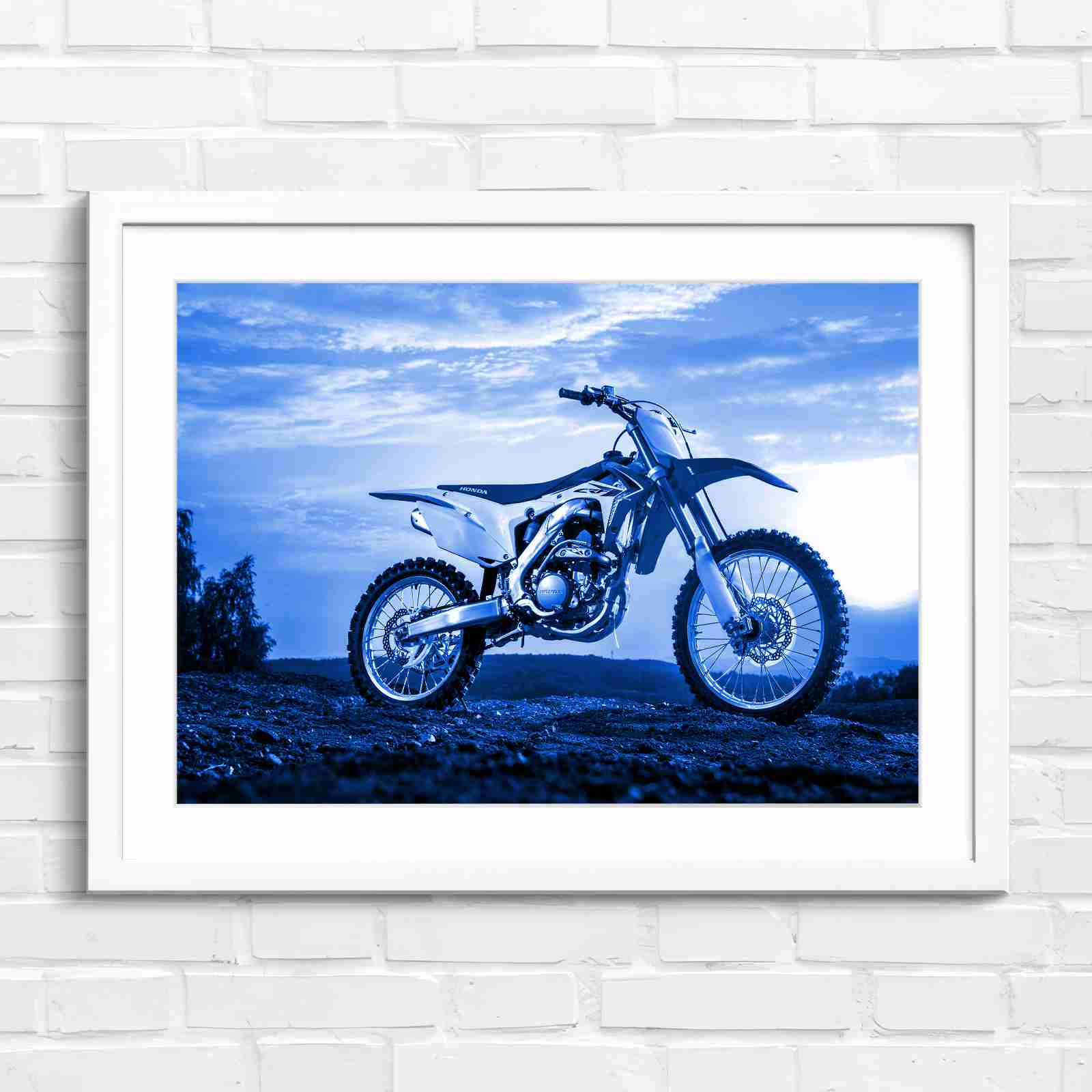 Red Dirt Bike Sunset Action - Blue in White Frame