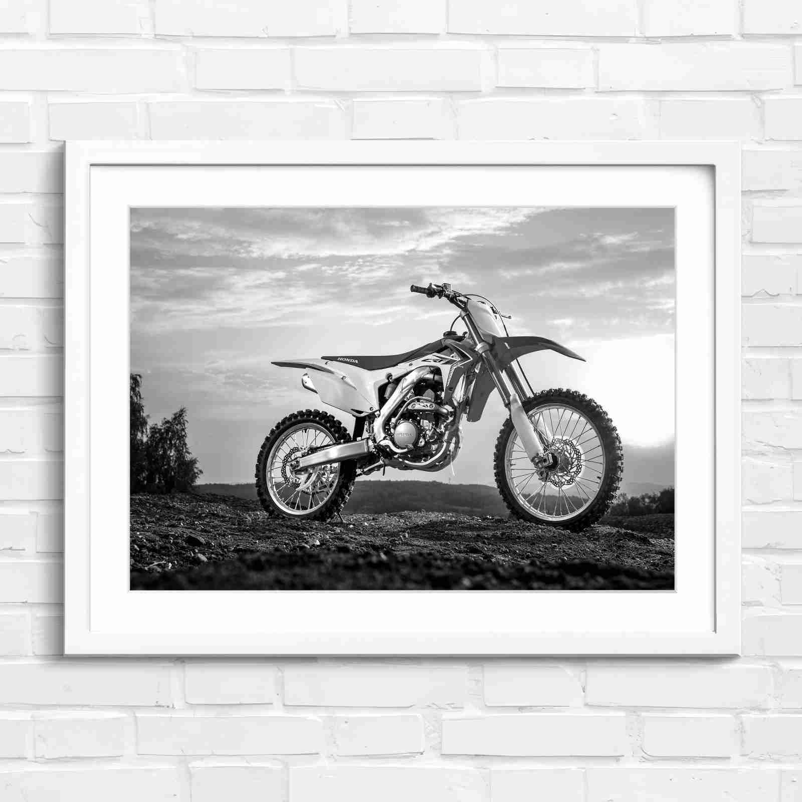 Red Dirt Bike Sunset Action - Black & White in White Frame