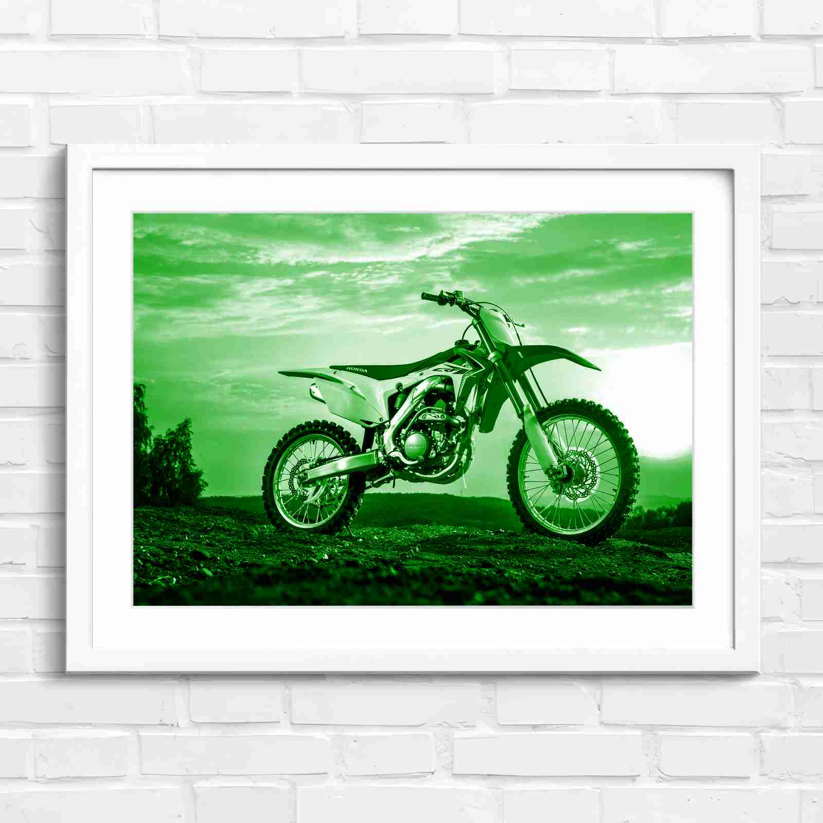 Red Dirt Bike Sunset Action - Green in White Frame