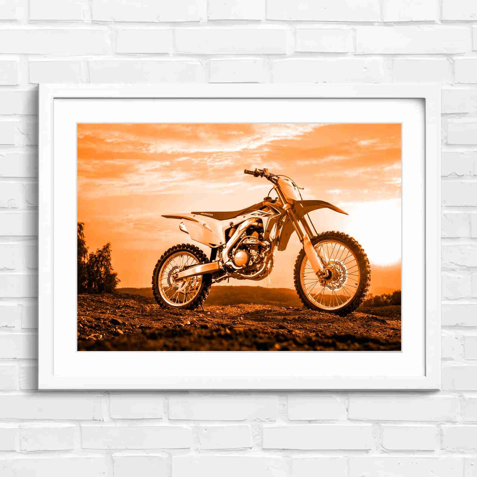 Red Dirt Bike Sunset Action - Orange in White Frame