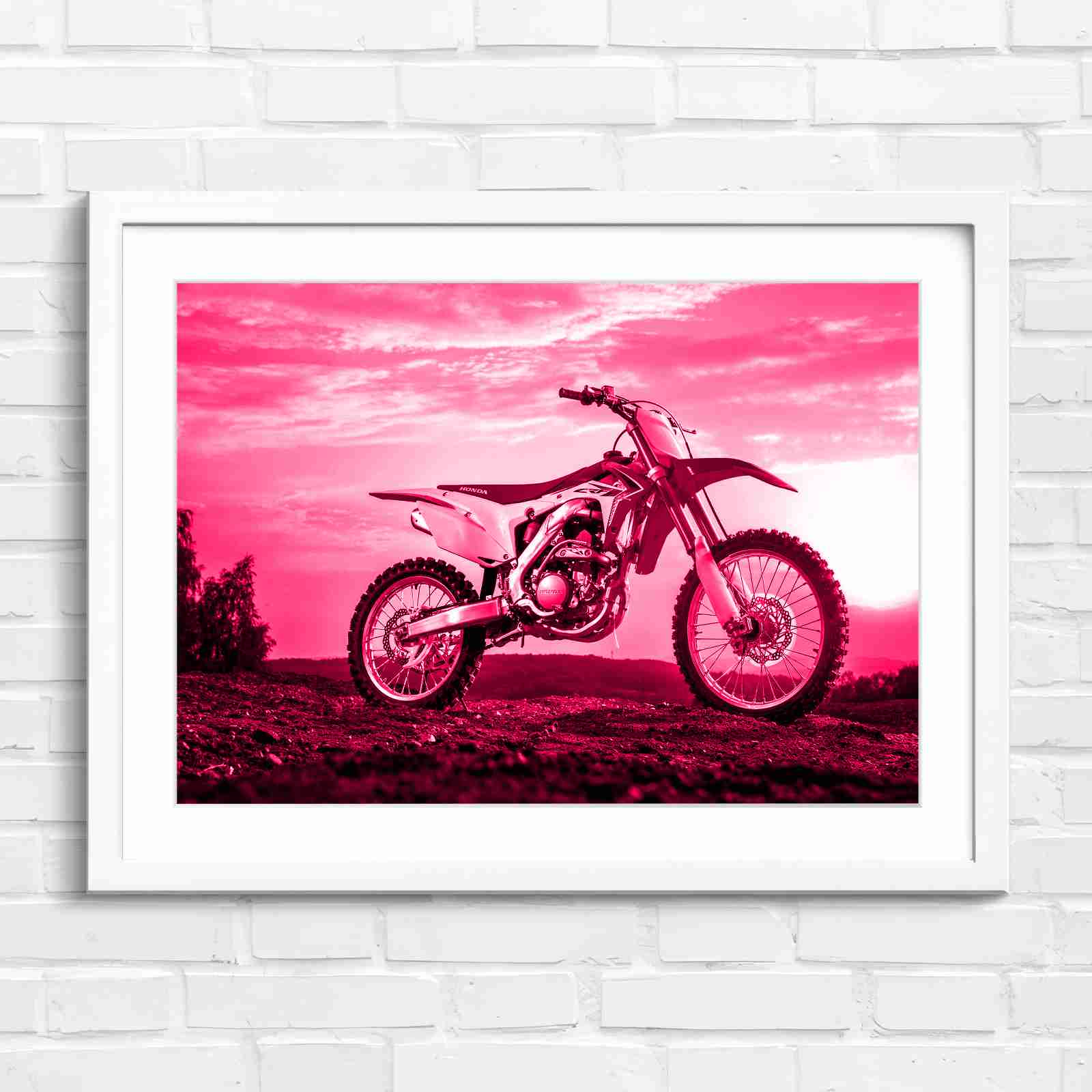 Red Dirt Bike Sunset Action - Pink in White Frame