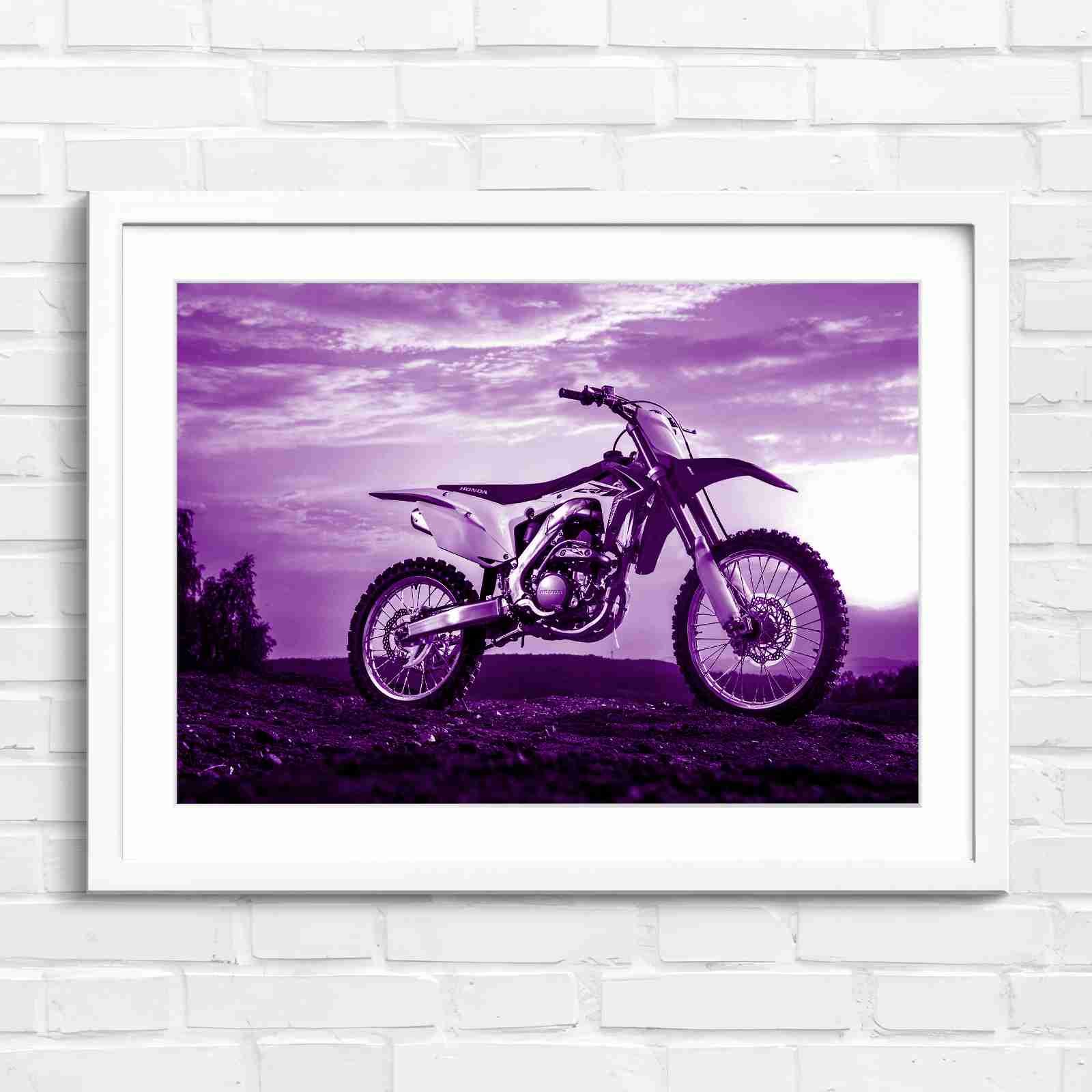Red Dirt Bike Sunset Action - Purple in White Frame
