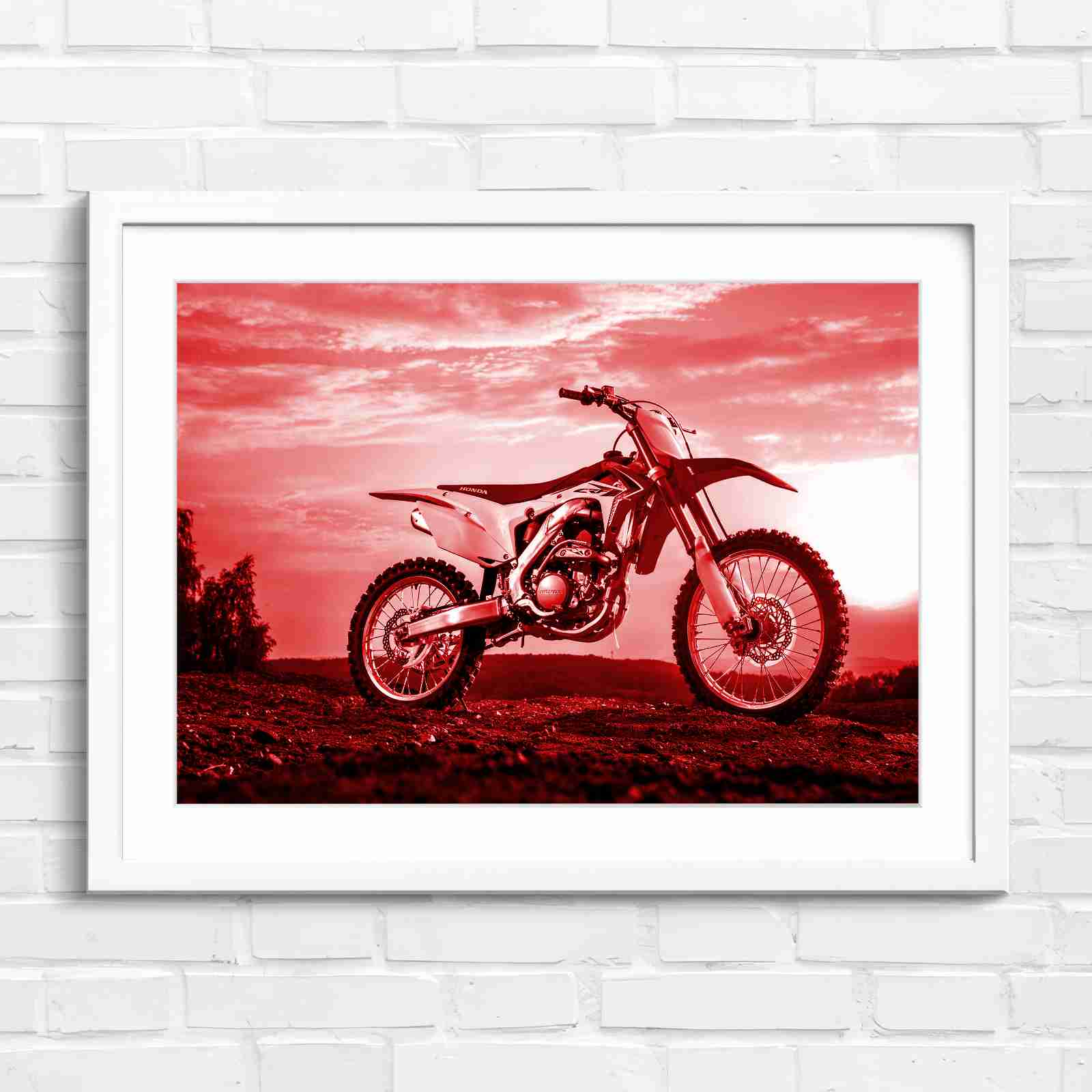 Red Dirt Bike Sunset Action - Red in White Frame