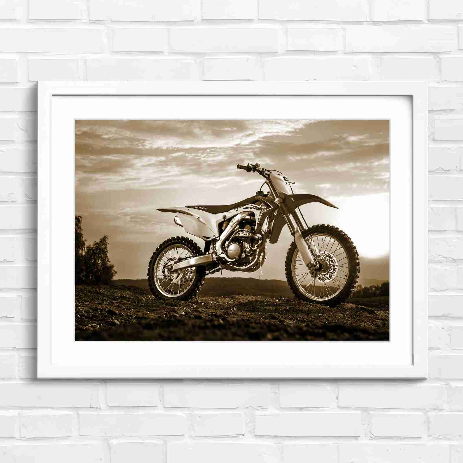Red Dirt Bike Sunset Action - Sepia in White Frame