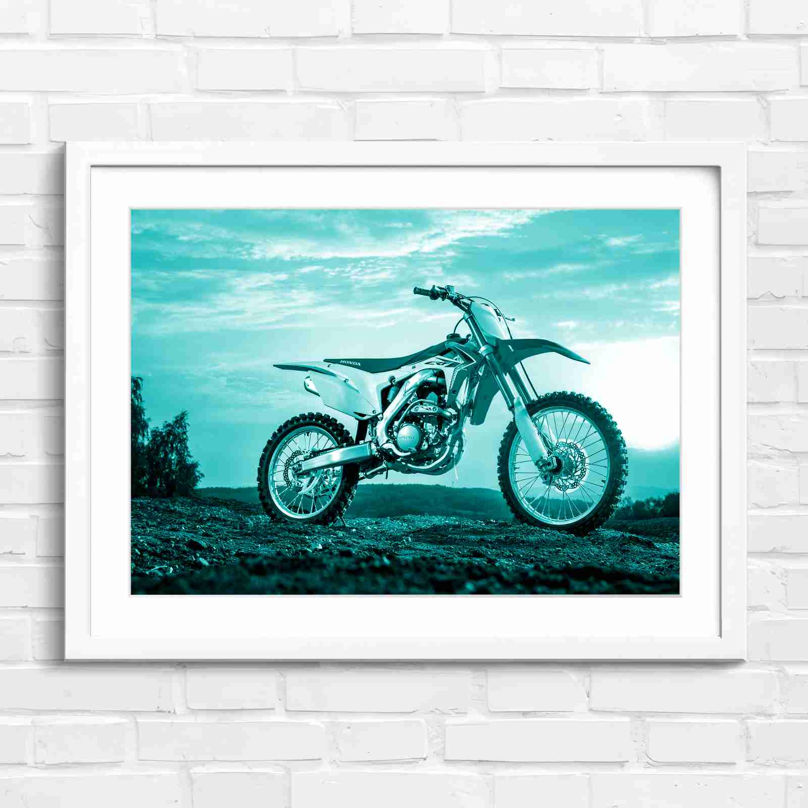 Red Dirt Bike Sunset Action - Teal in White Frame