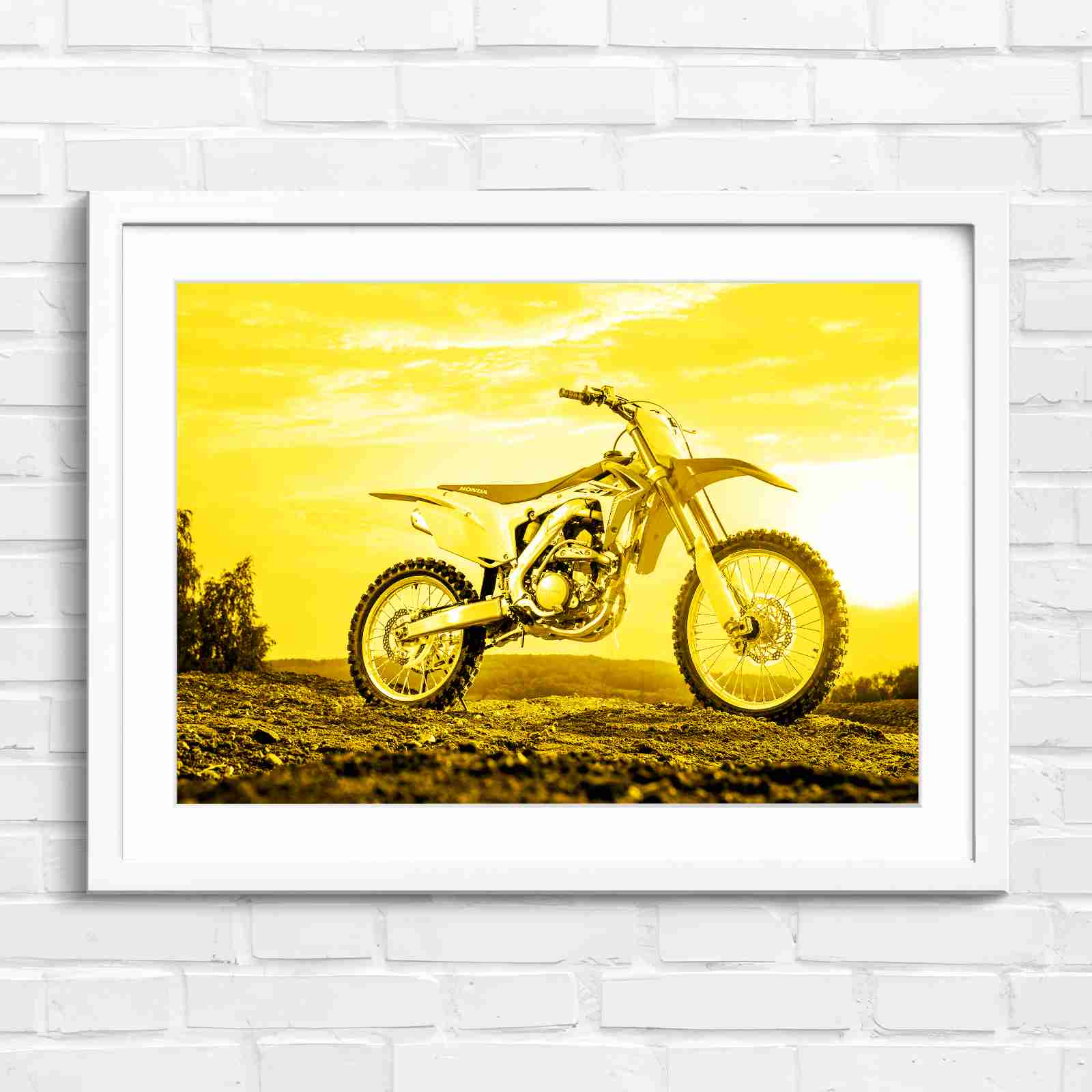 Red Dirt Bike Sunset Action - Yellow in White Frame