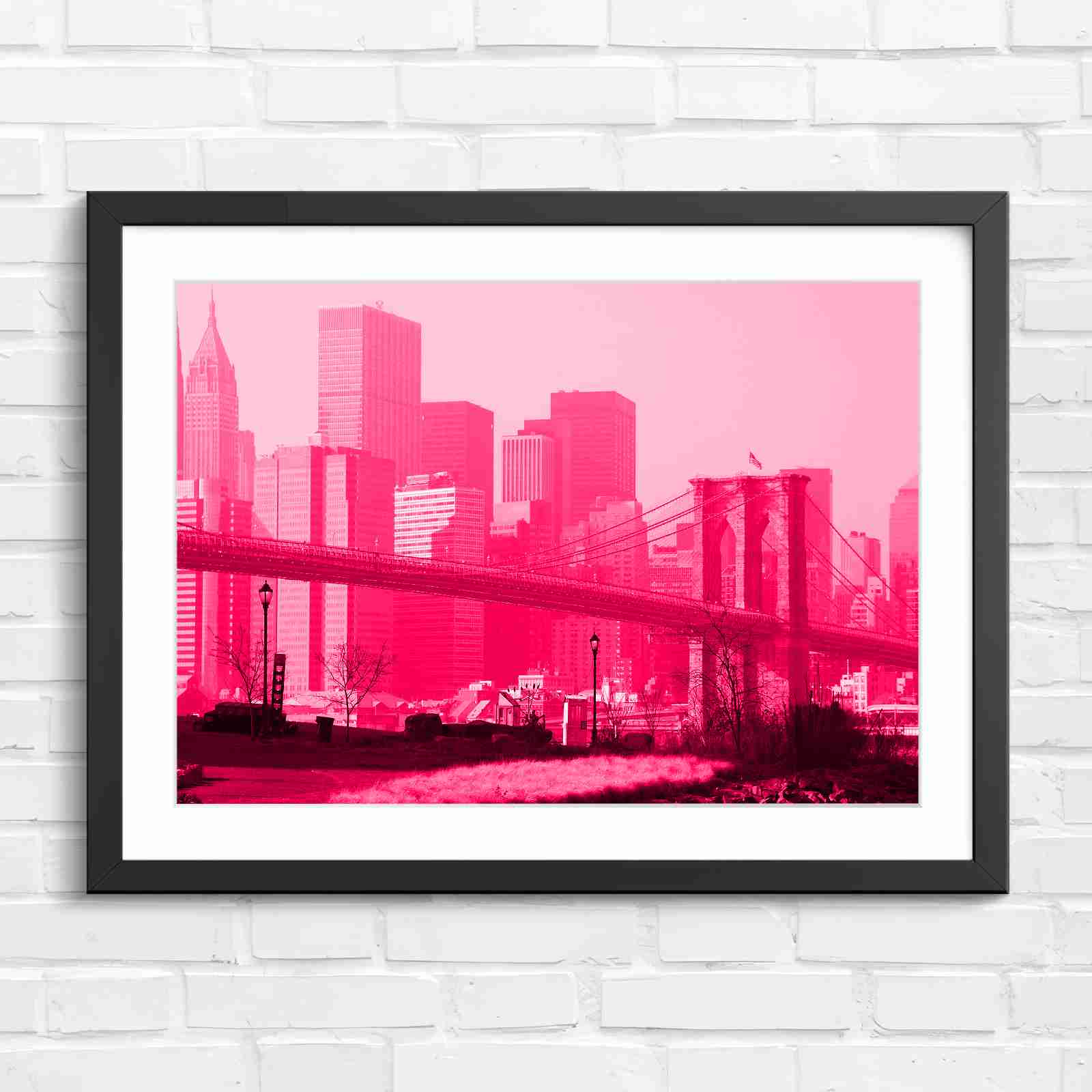 Brooklyn Bridge New York Skyline - Pink in Black Frame