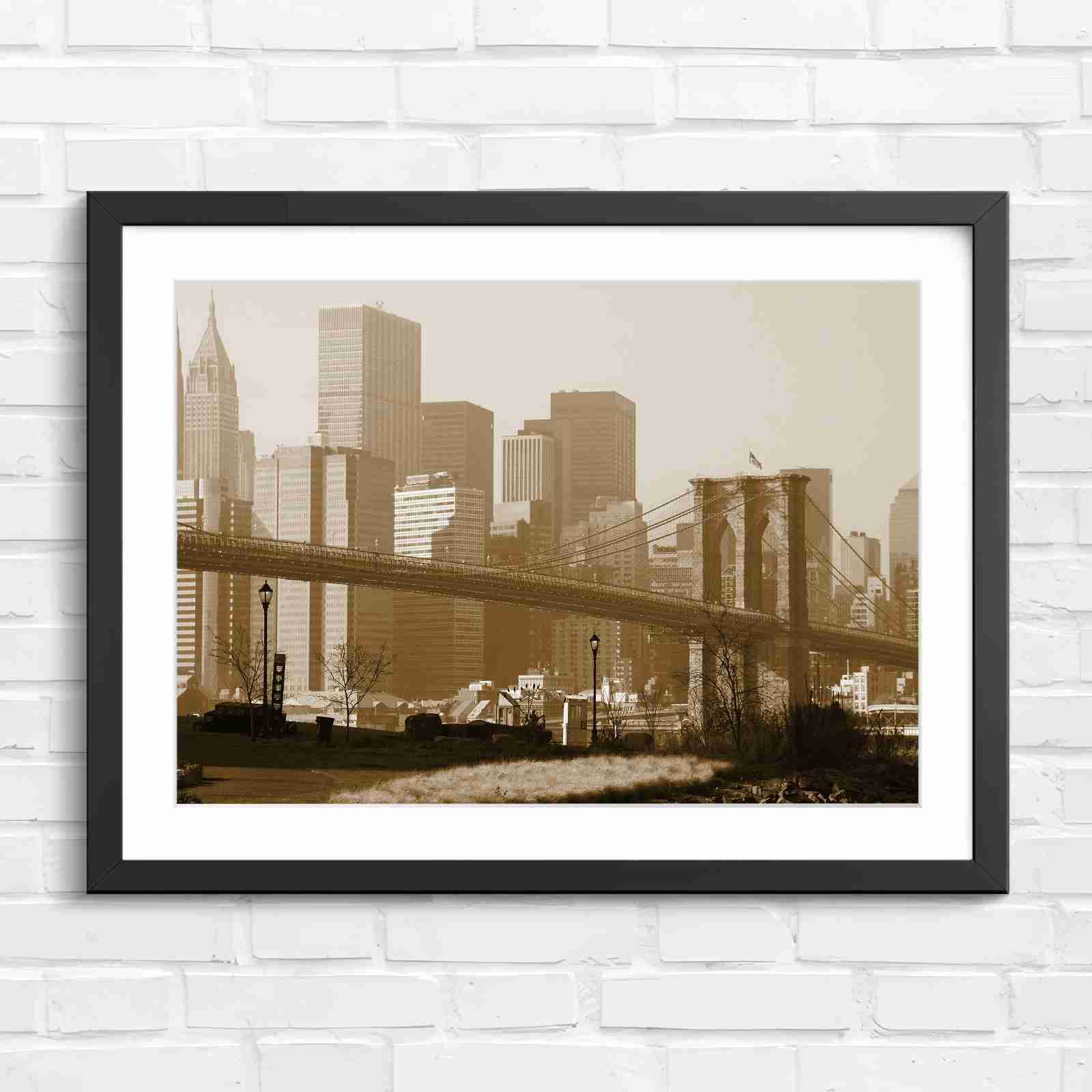 Brooklyn Bridge New York Skyline - Sepia in Black Frame