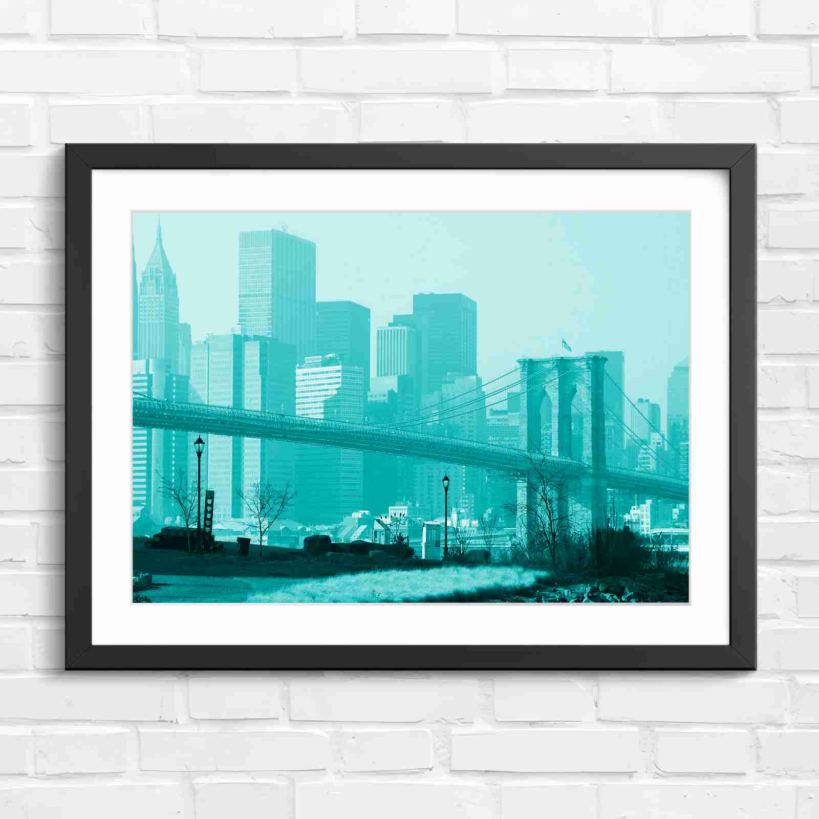 Brooklyn Bridge New York Skyline - Teal in Black Frame