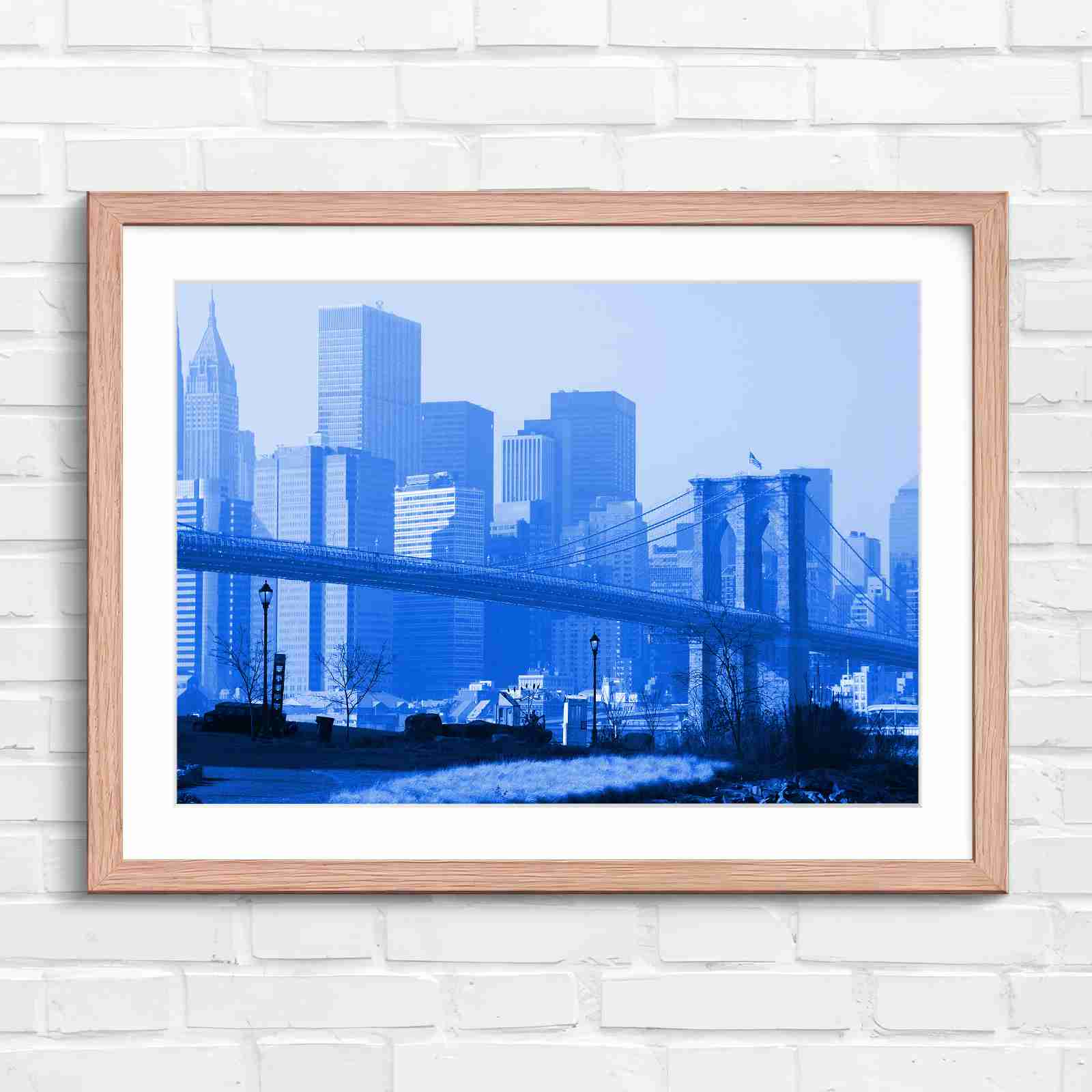 Brooklyn Bridge New York Skyline - Blue in Oak Frame