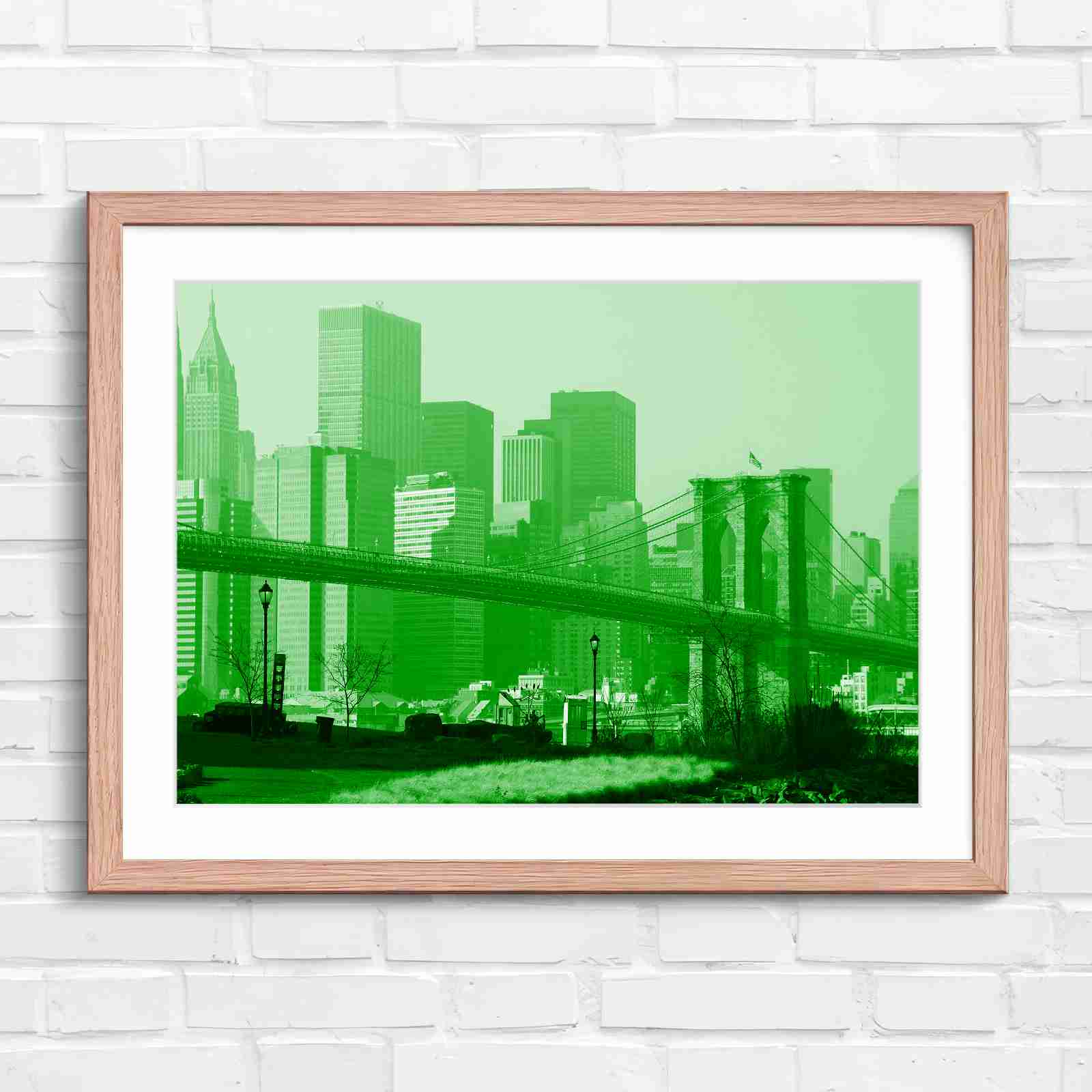 Brooklyn Bridge New York Skyline - Green in Oak Frame