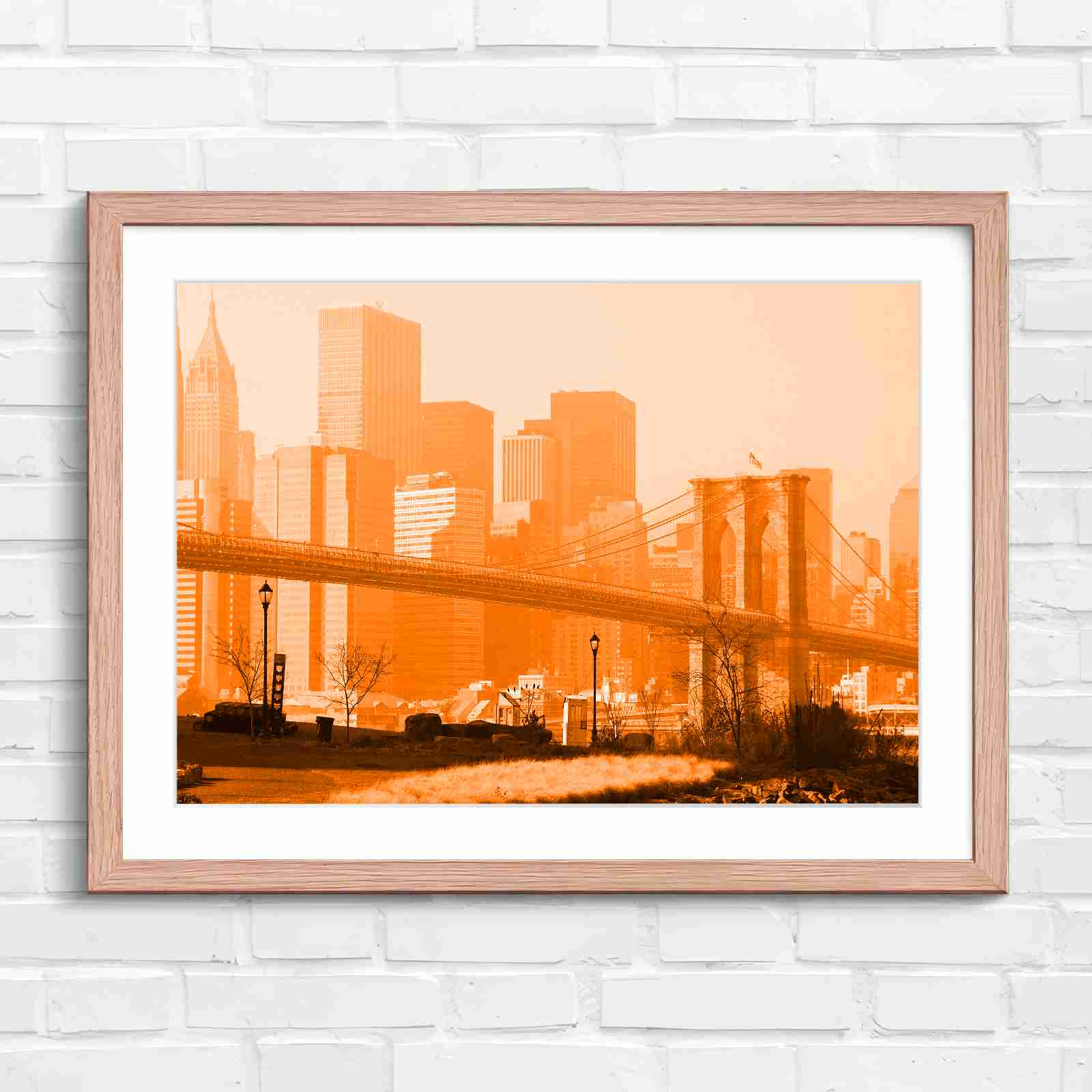 Brooklyn Bridge New York Skyline - Orange in Oak Frame