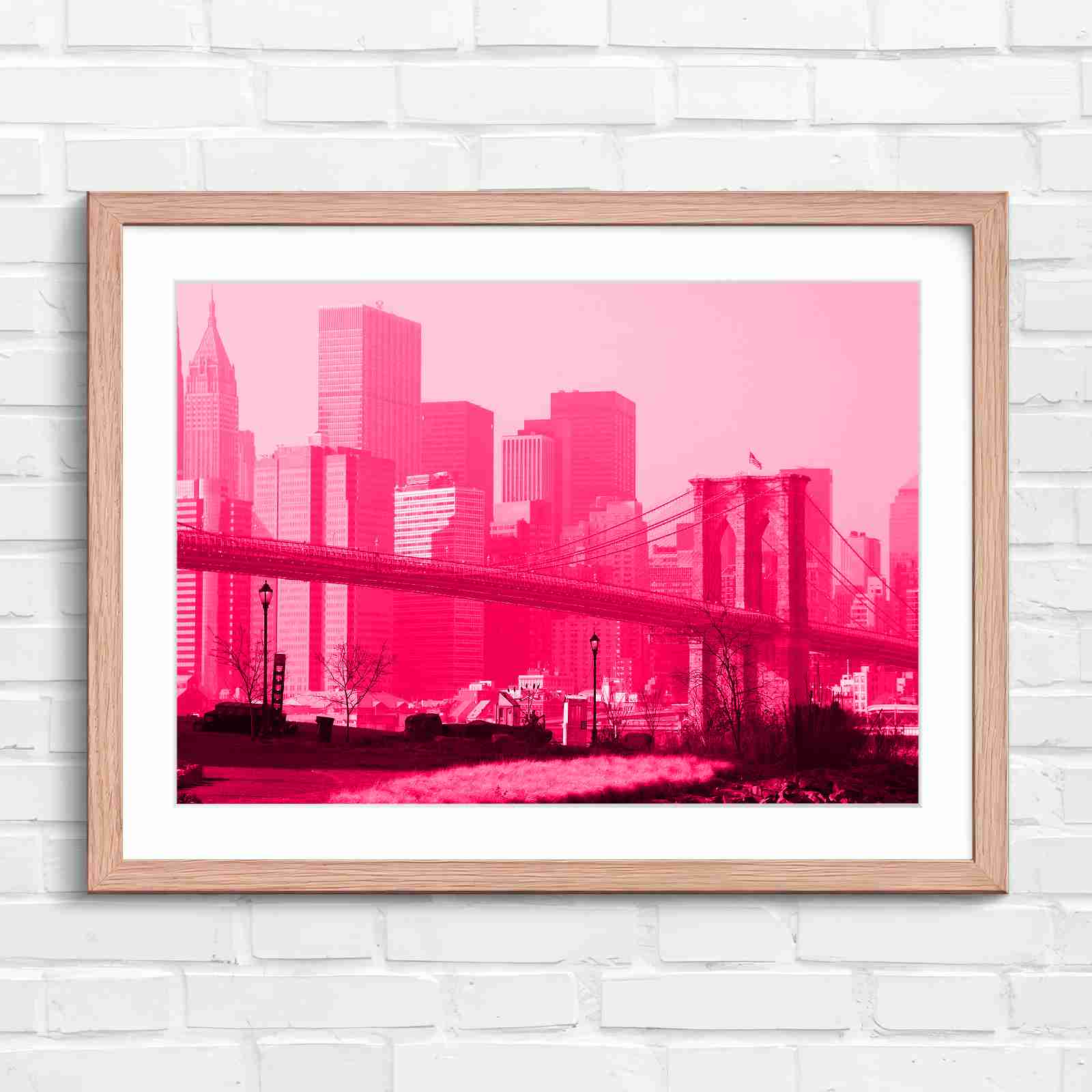 Brooklyn Bridge New York Skyline - Pink in Oak Frame