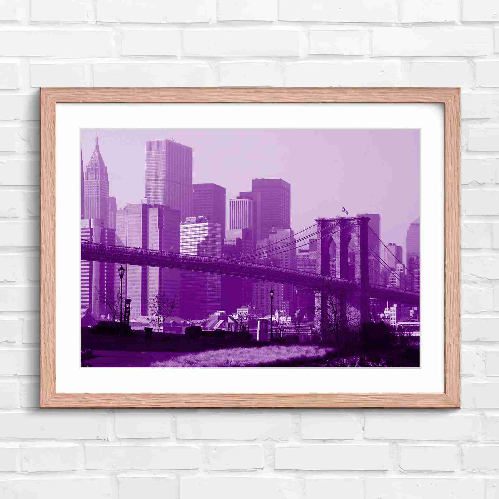 Brooklyn Bridge New York Skyline - Purple in Oak Frame