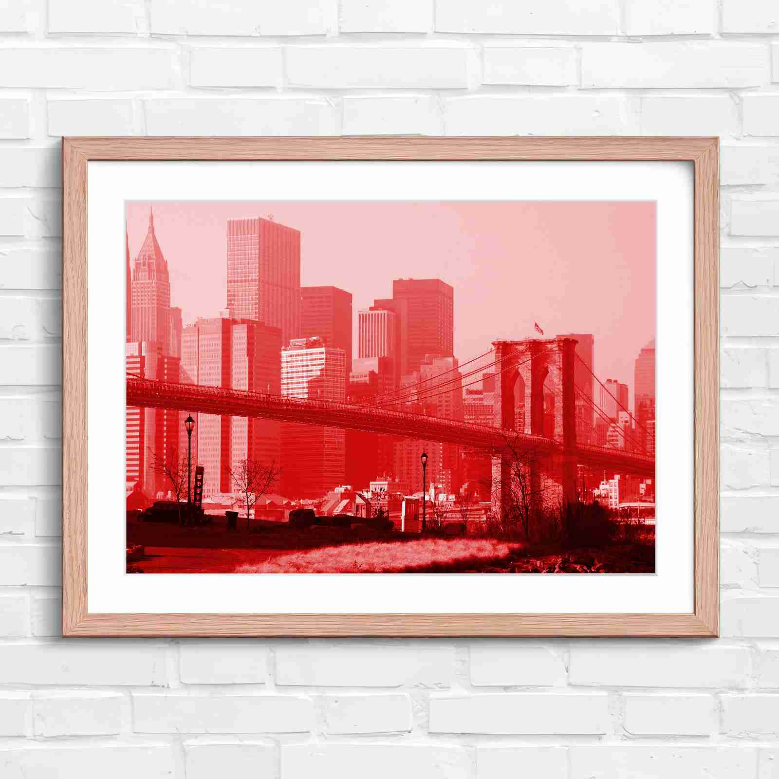 Brooklyn Bridge New York Skyline - Red in Oak Frame
