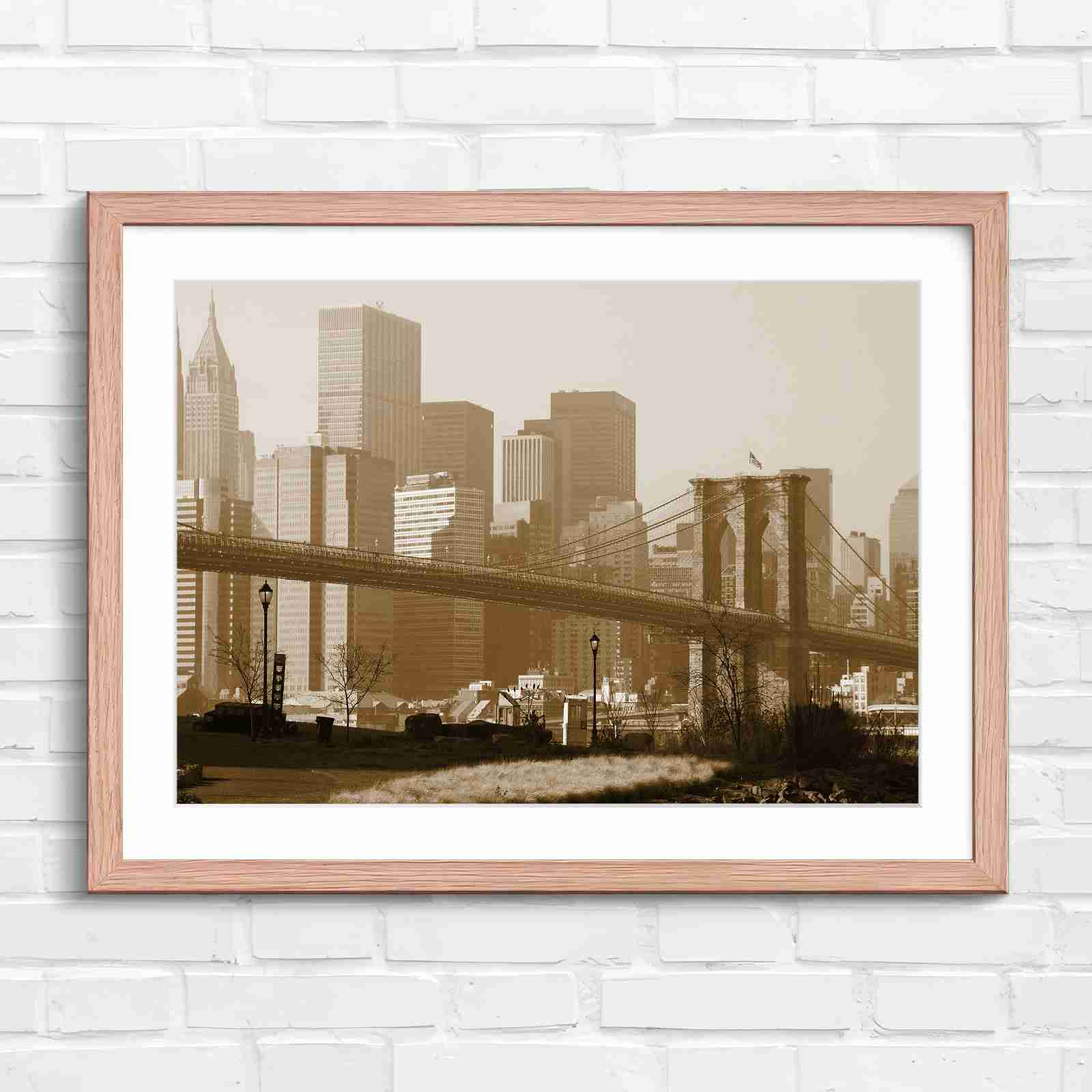 Brooklyn Bridge New York Skyline - Sepia in Oak Frame