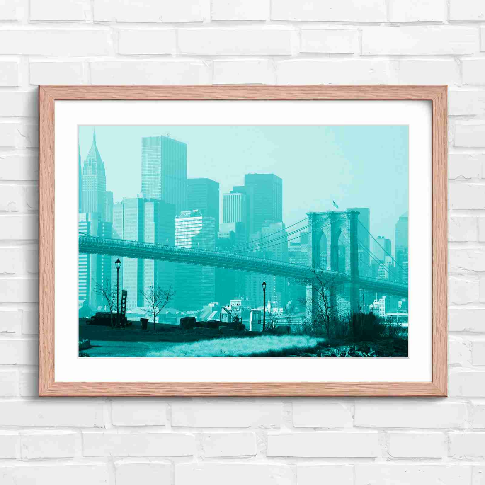 Brooklyn Bridge New York Skyline - Teal in Oak Frame