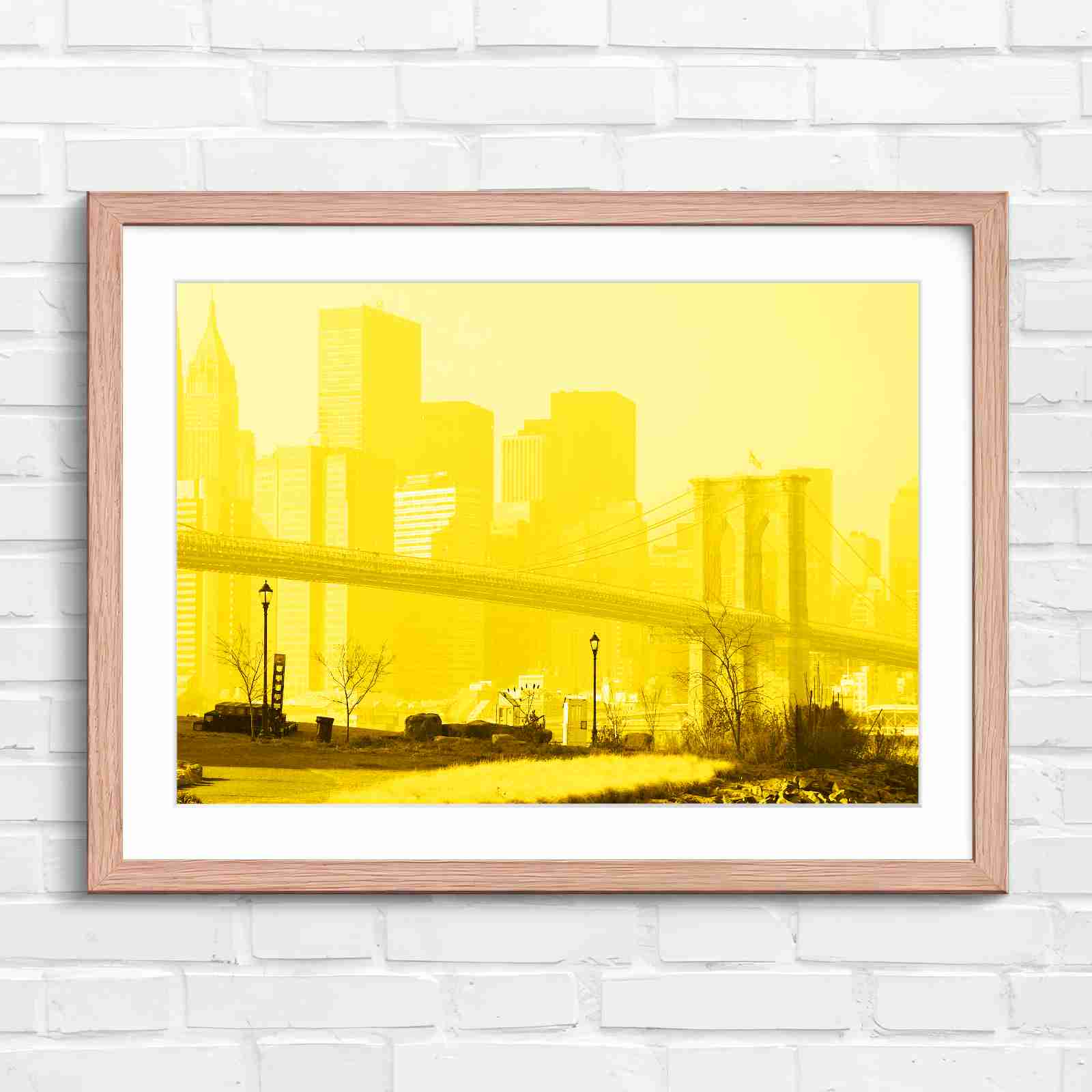 Brooklyn Bridge New York Skyline - Yellow in Oak Frame