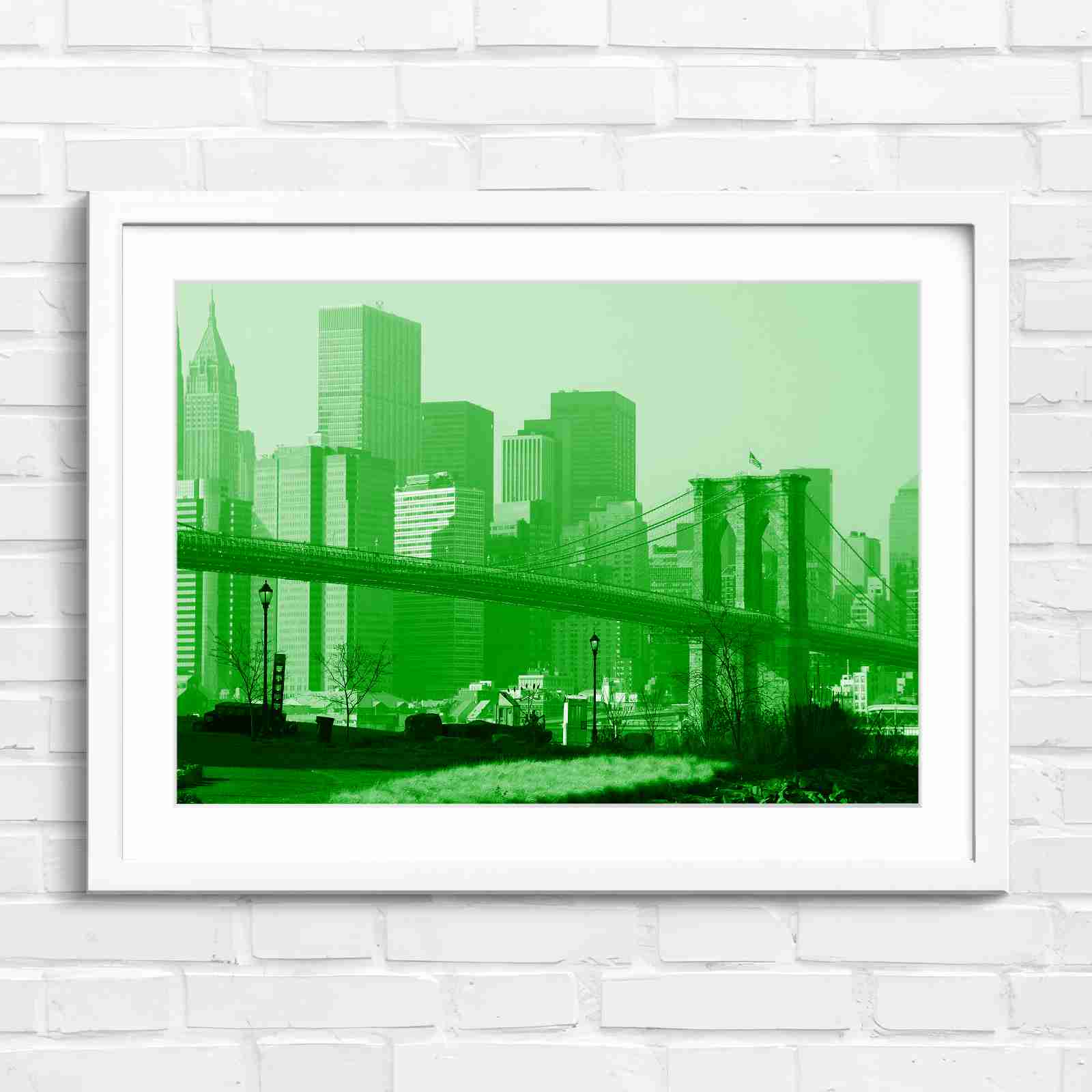 Brooklyn Bridge New York Skyline - Green in White Frame