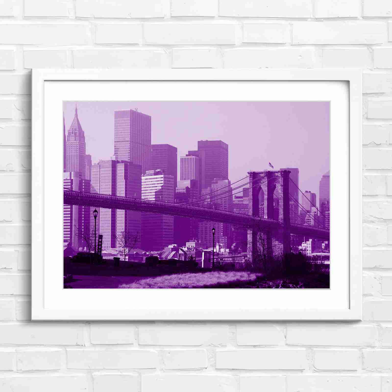 Brooklyn Bridge New York Skyline - Purple in White Frame
