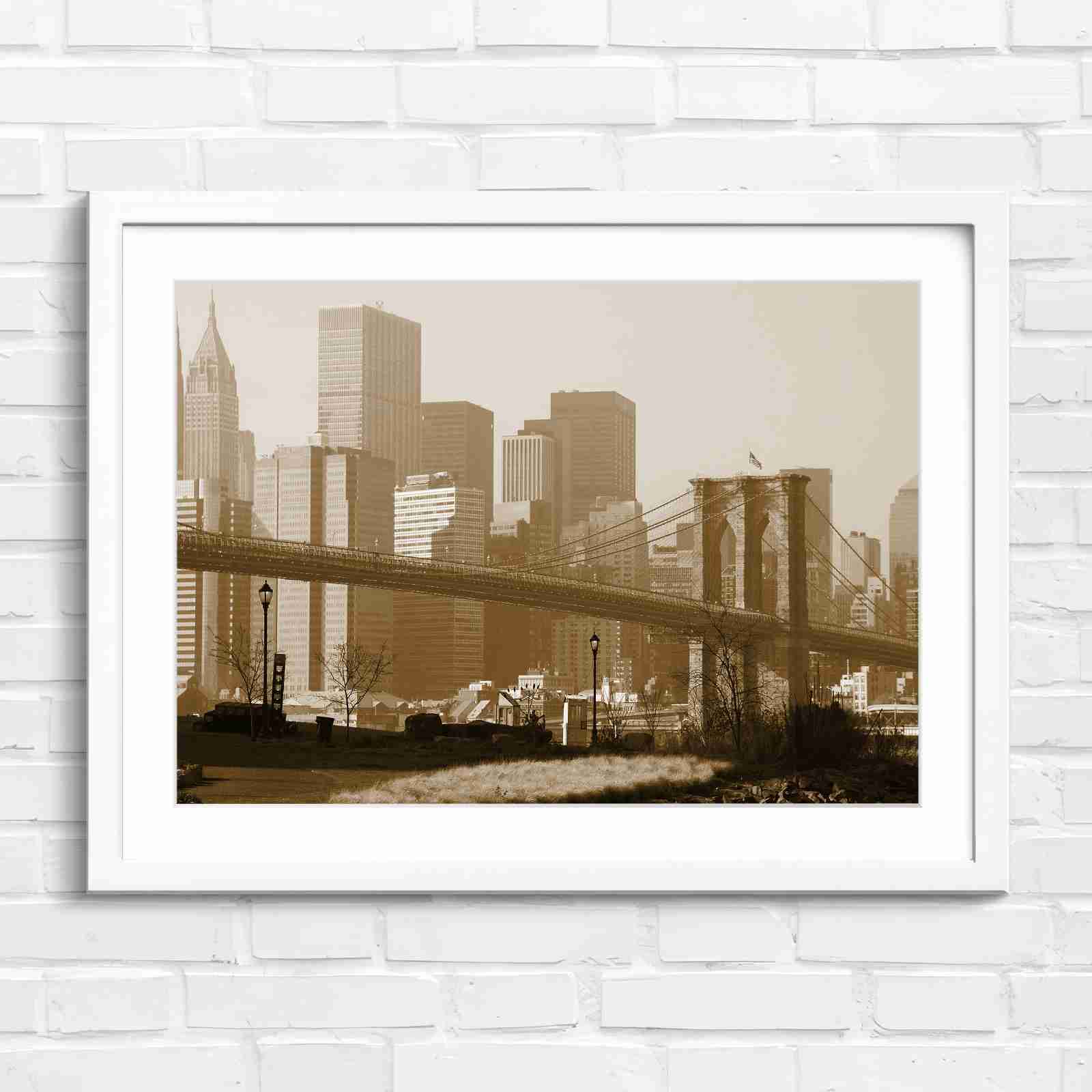 Brooklyn Bridge New York Skyline - Sepia in White Frame