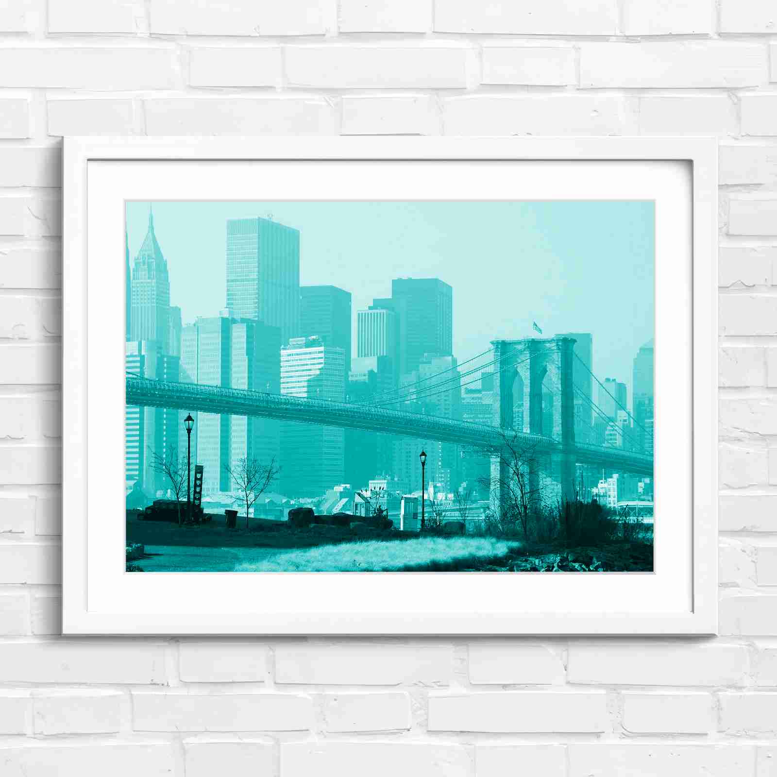 Brooklyn Bridge New York Skyline - Teal in White Frame