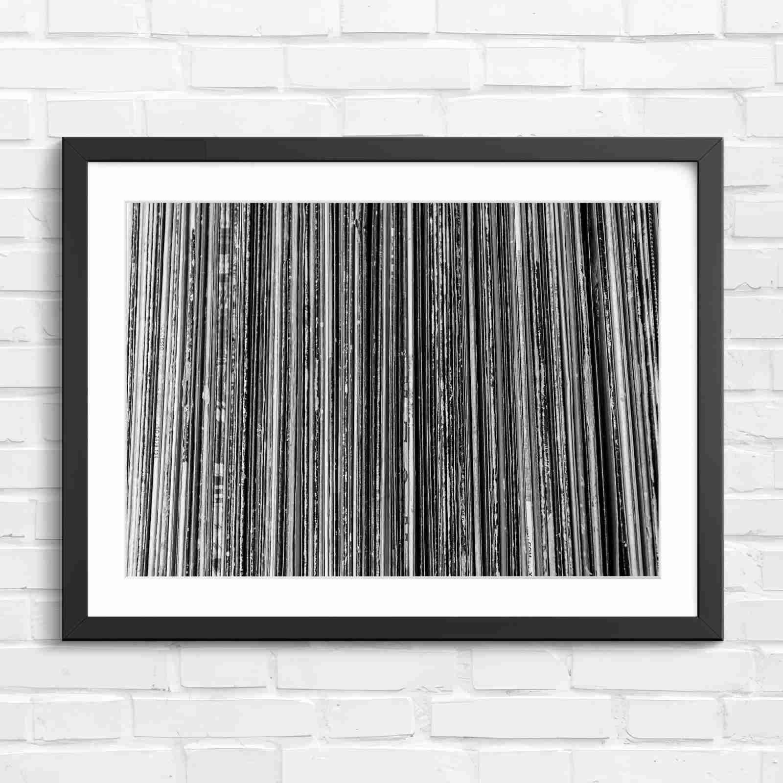Vintage Vinyl Record Spines Art - Black & White in Black Frame