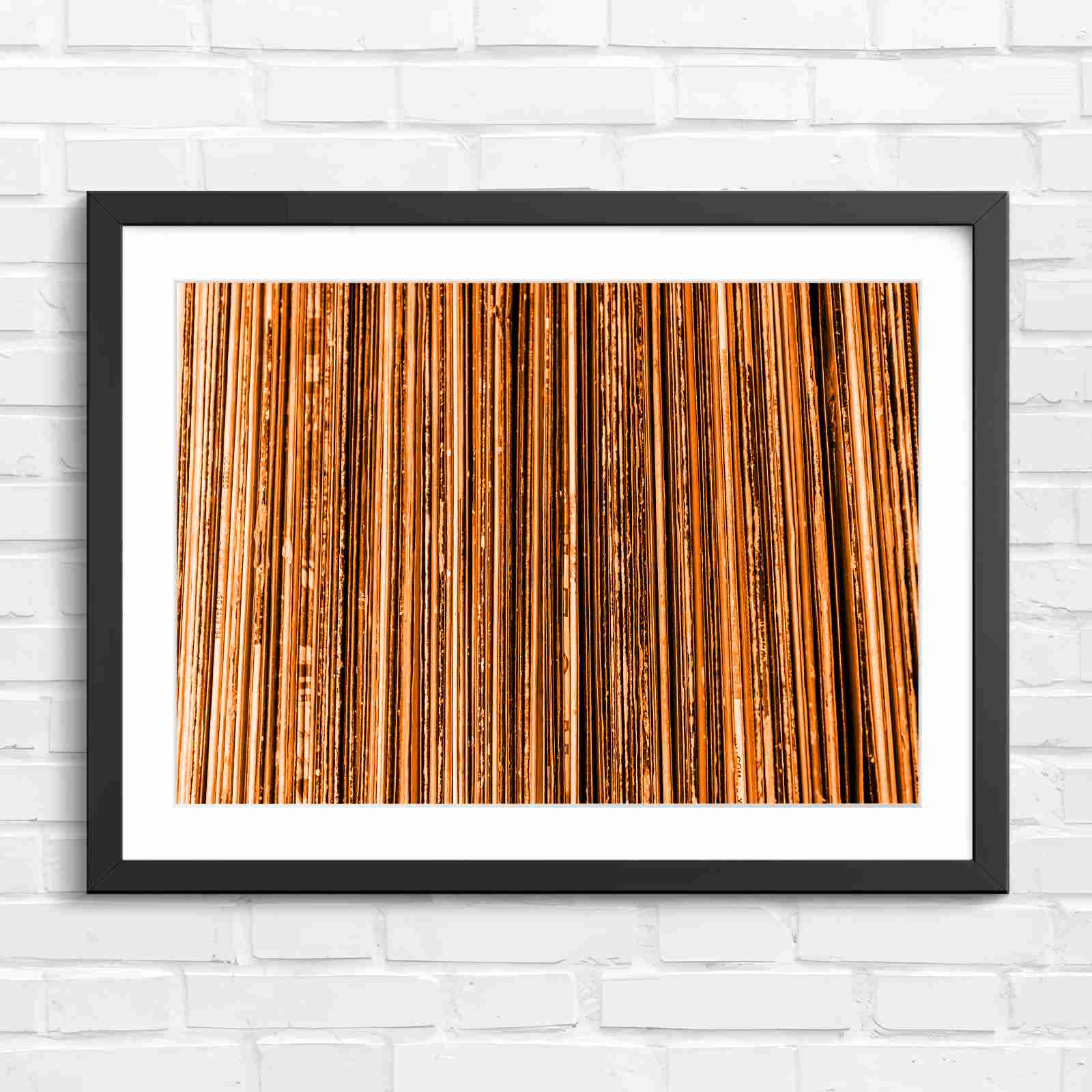 Vintage Vinyl Record Spines Art - Orange in Black Frame