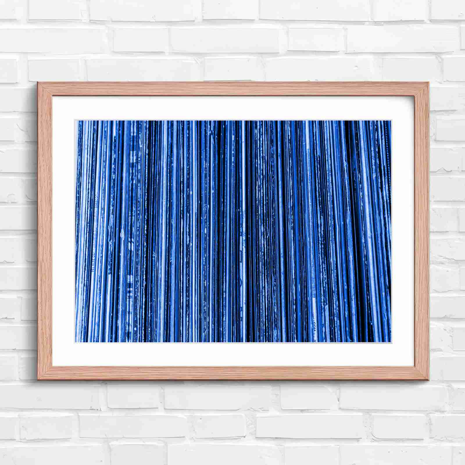 Vintage Vinyl Record Spines Art - Blue in Oak Frame