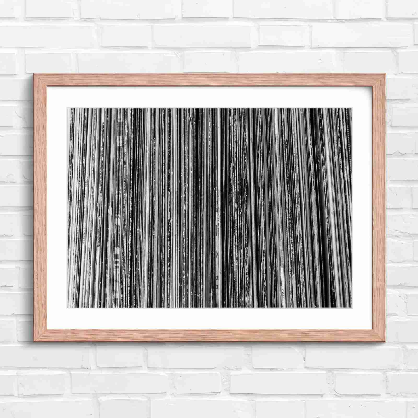 Vintage Vinyl Record Spines Art - Black & White in Oak Frame