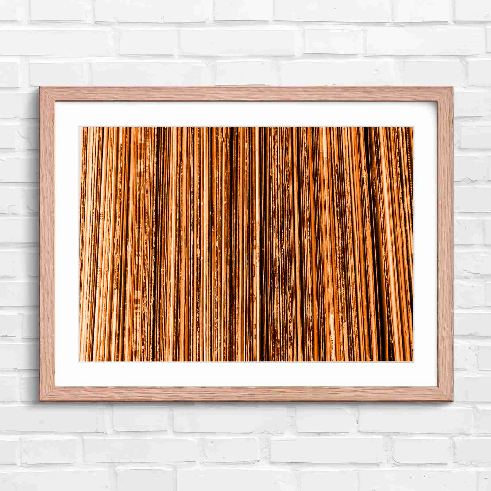 Vintage Vinyl Record Spines Art - Orange in Oak Frame