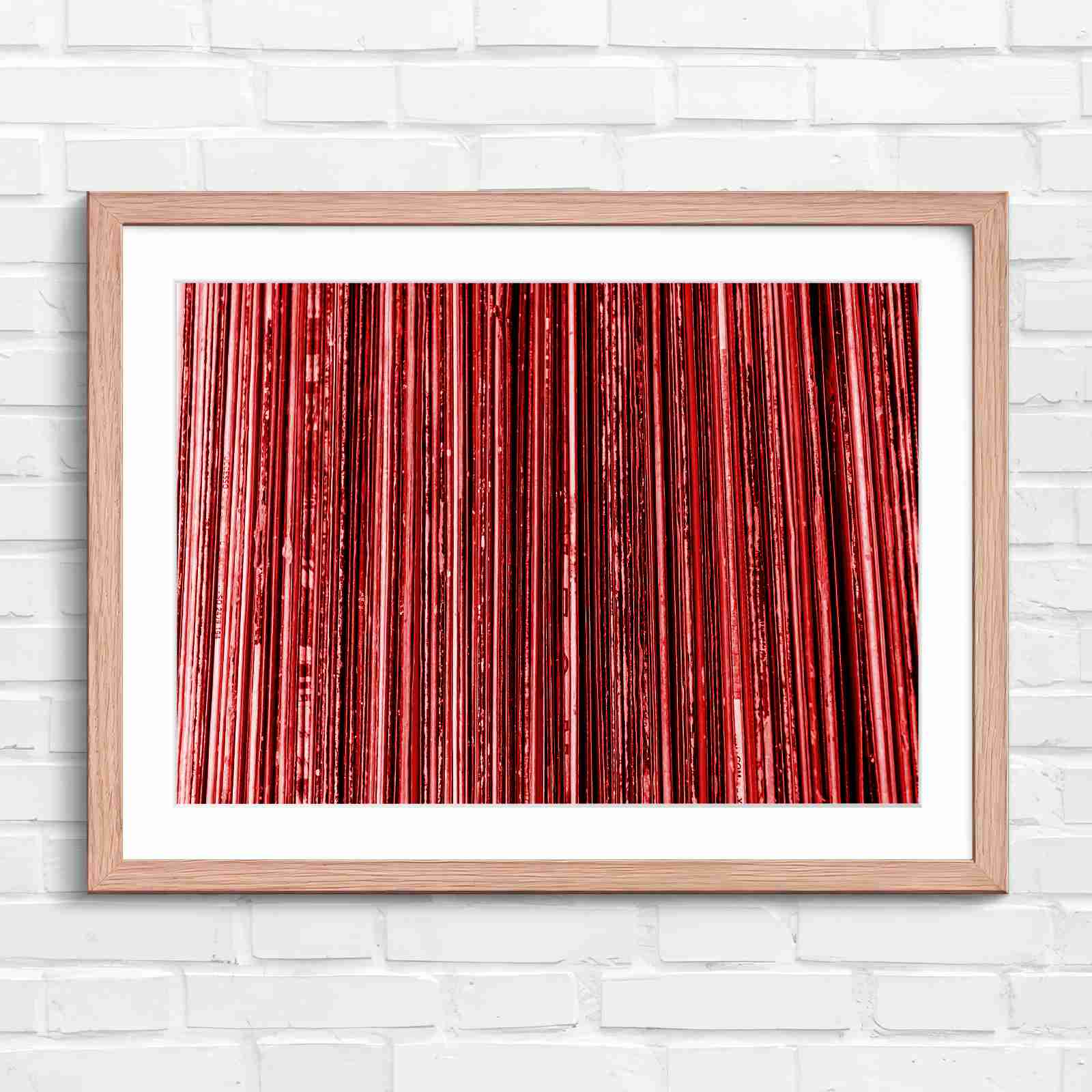 Vintage Vinyl Record Spines Art - Red in Oak Frame