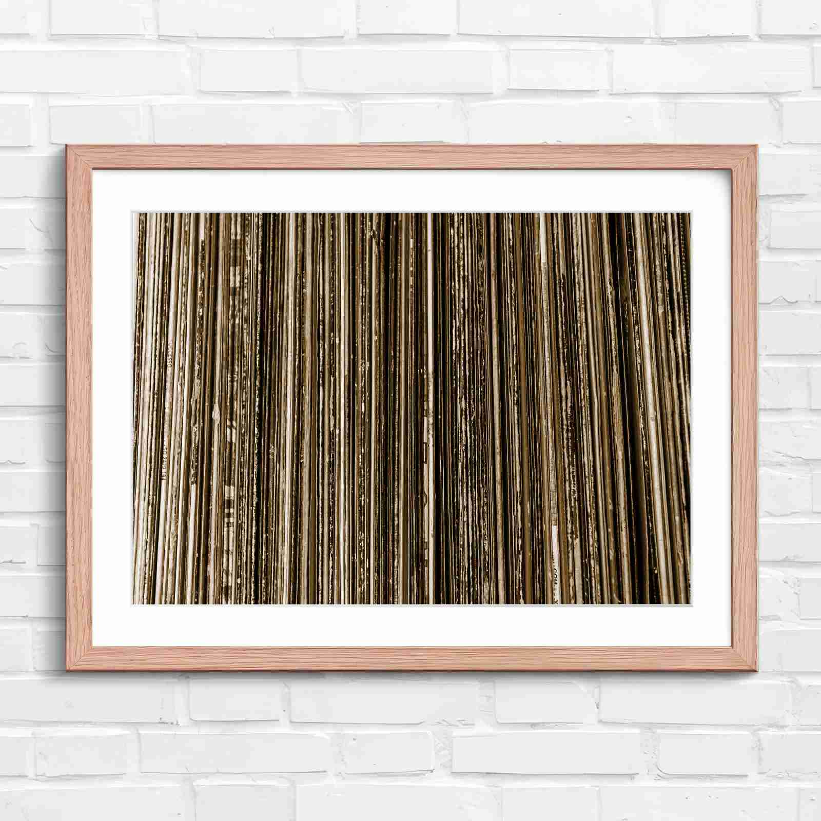 Vintage Vinyl Record Spines Art - Sepia in Oak Frame