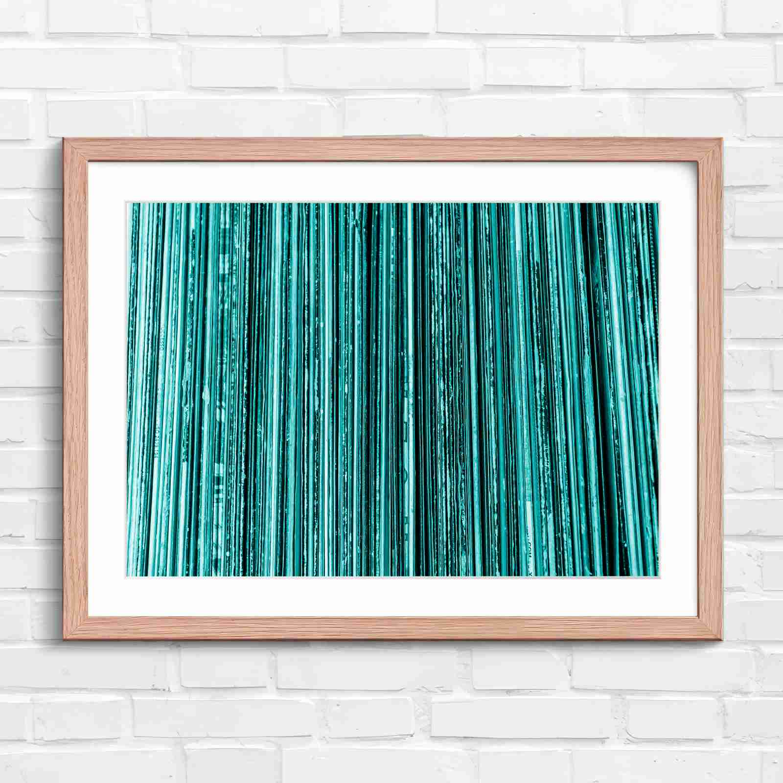 Vintage Vinyl Record Spines Art - Teal in Oak Frame