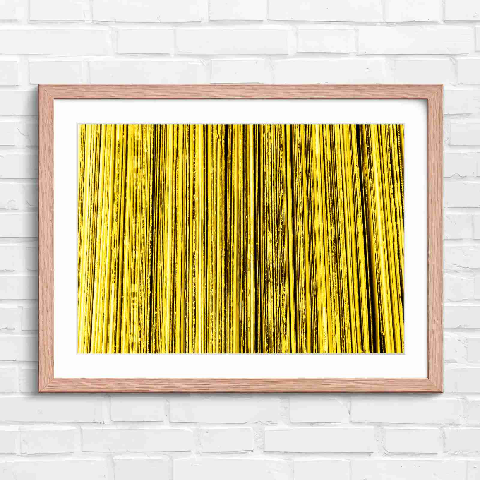 Vintage Vinyl Record Spines Art - Yellow in Oak Frame