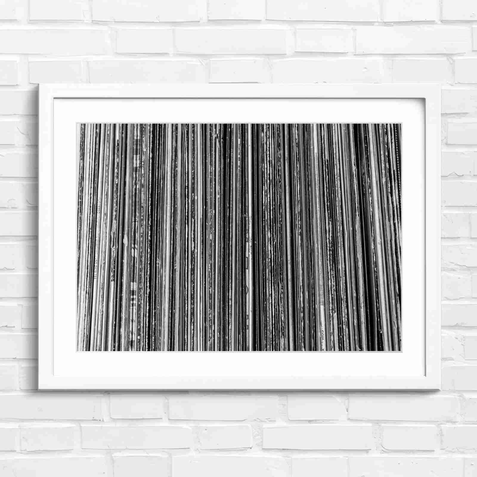 Vintage Vinyl Record Spines Art - Black & White in White Frame