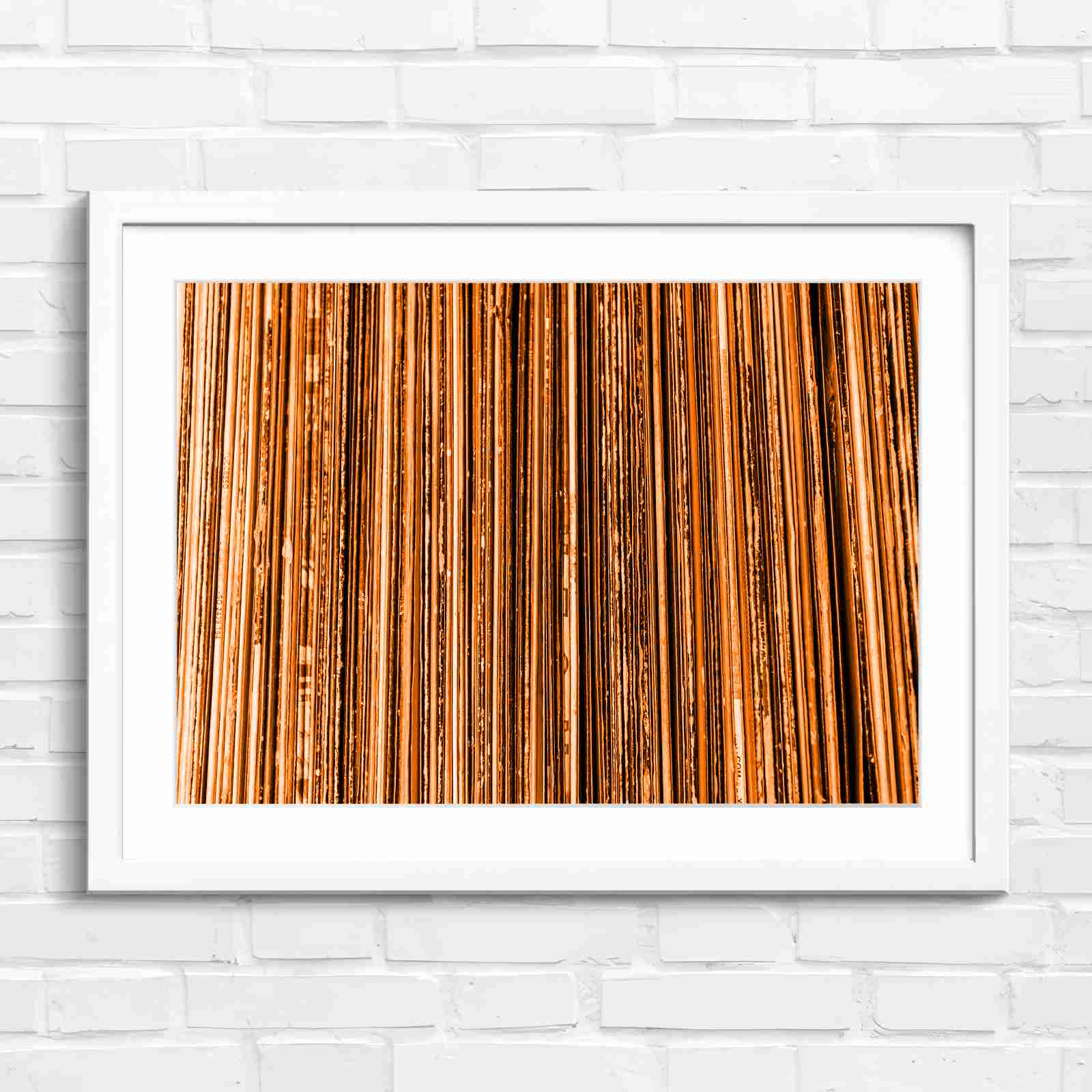 Vintage Vinyl Record Spines Art - Orange in White Frame
