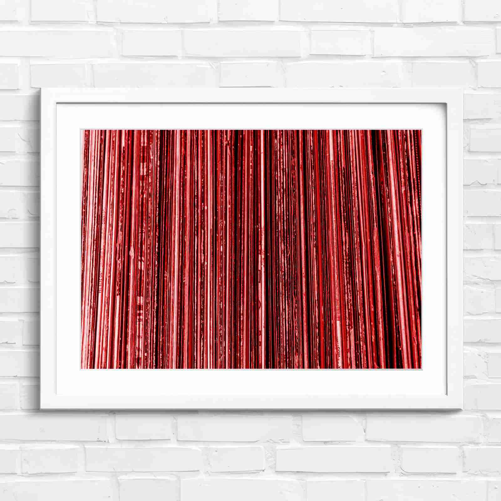 Vintage Vinyl Record Spines Art - Red in White Frame