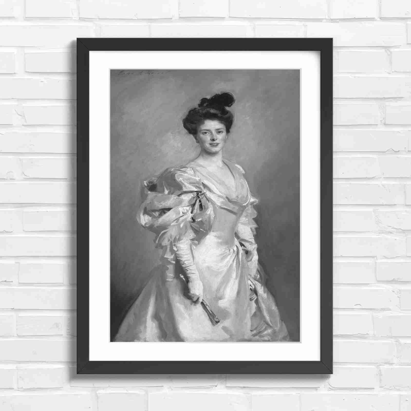 Elegant Vintage Lady Portrait Painting - Black & White in Black Frame