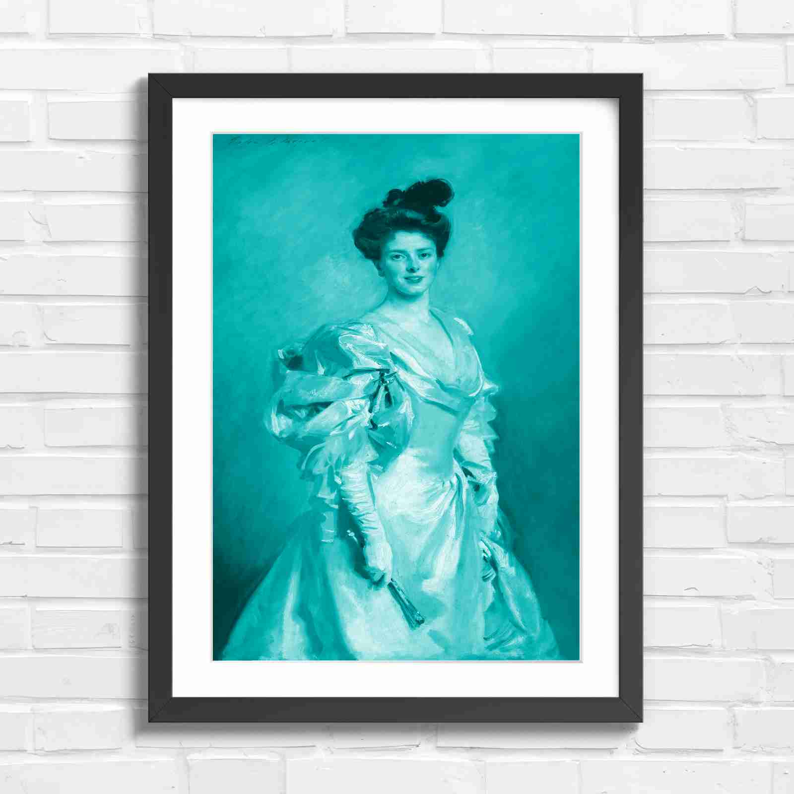 Elegant Vintage Lady Portrait Painting - Teal in Black Frame