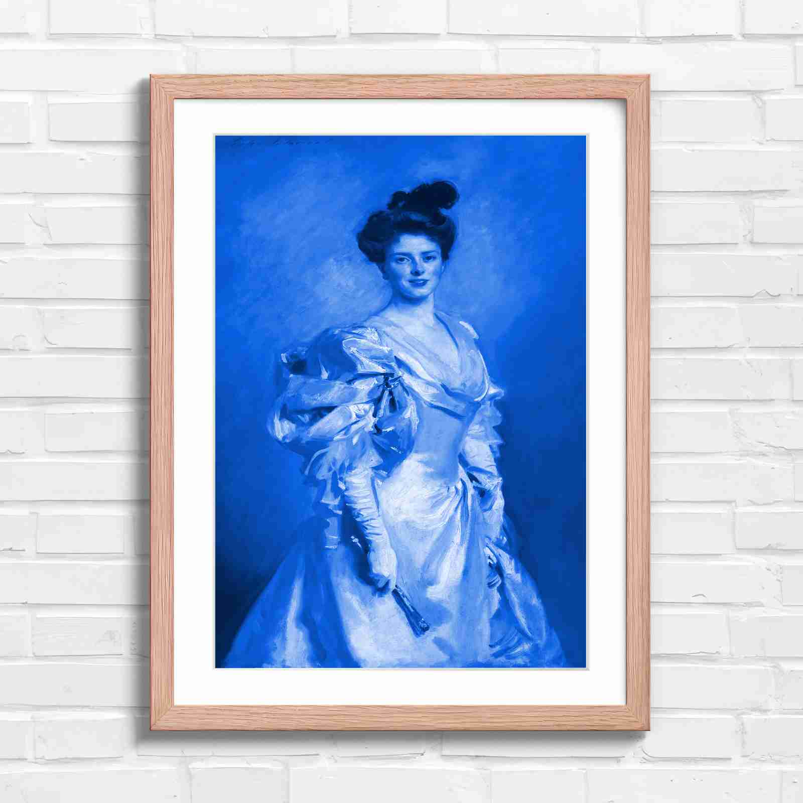 Elegant Vintage Lady Portrait Painting - Blue in Oak Frame