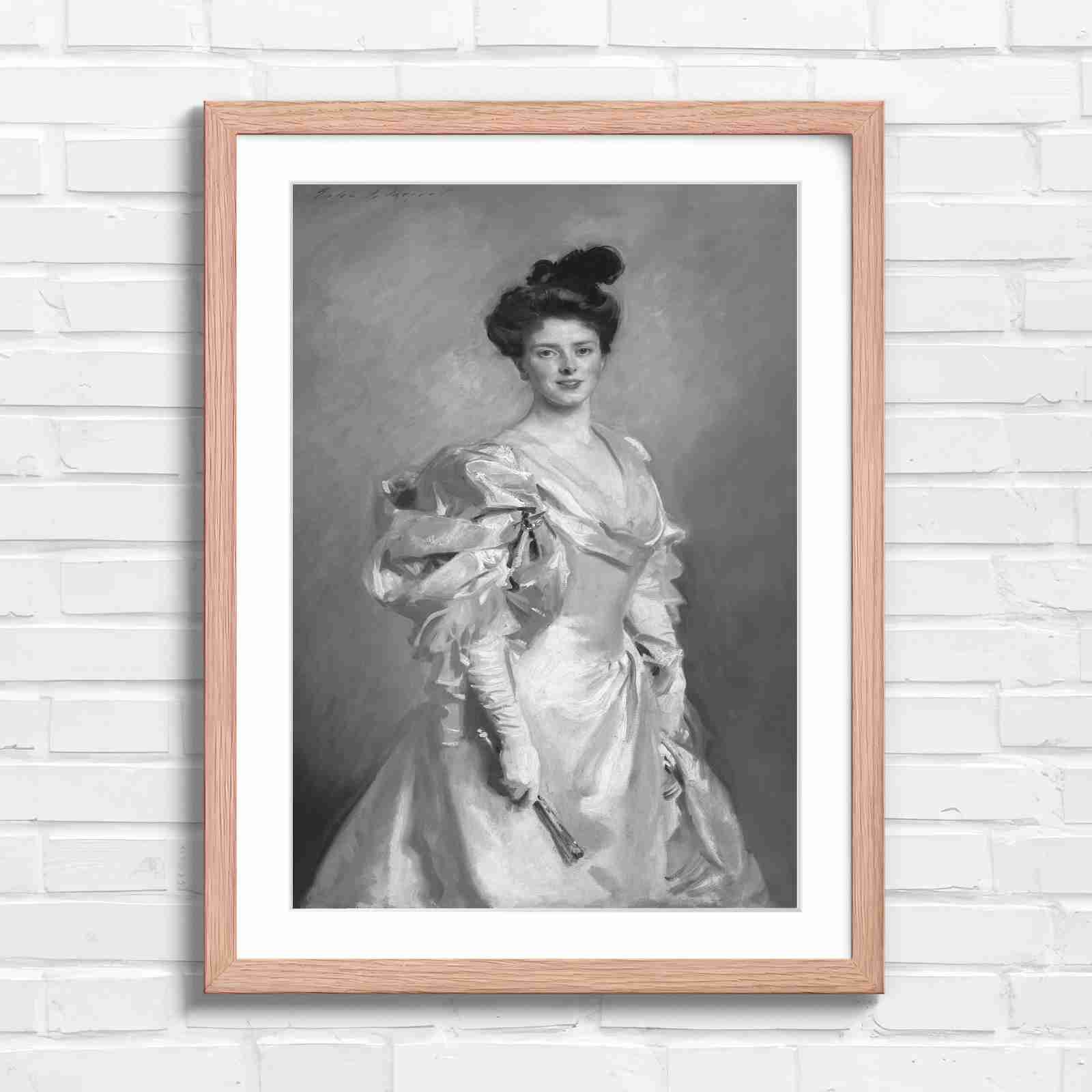 Elegant Vintage Lady Portrait Painting - Black & White in Oak Frame