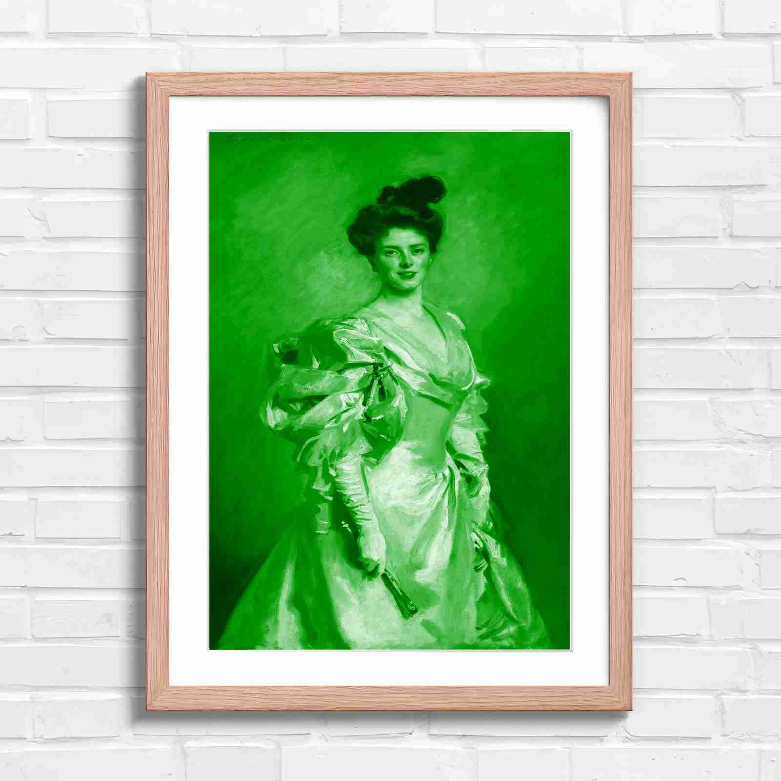 Elegant Vintage Lady Portrait Painting - Green in Oak Frame