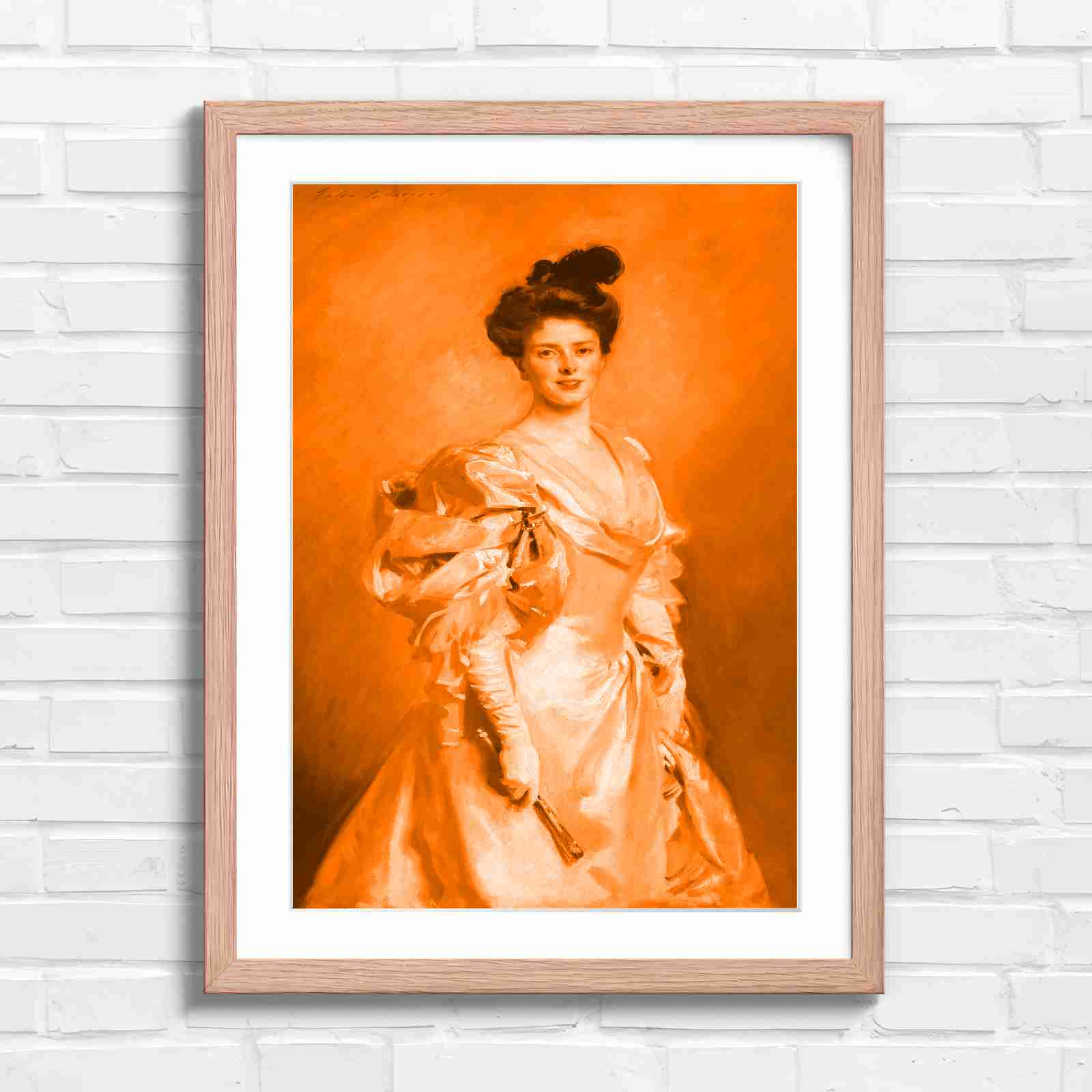 Elegant Vintage Lady Portrait Painting - Orange in Oak Frame